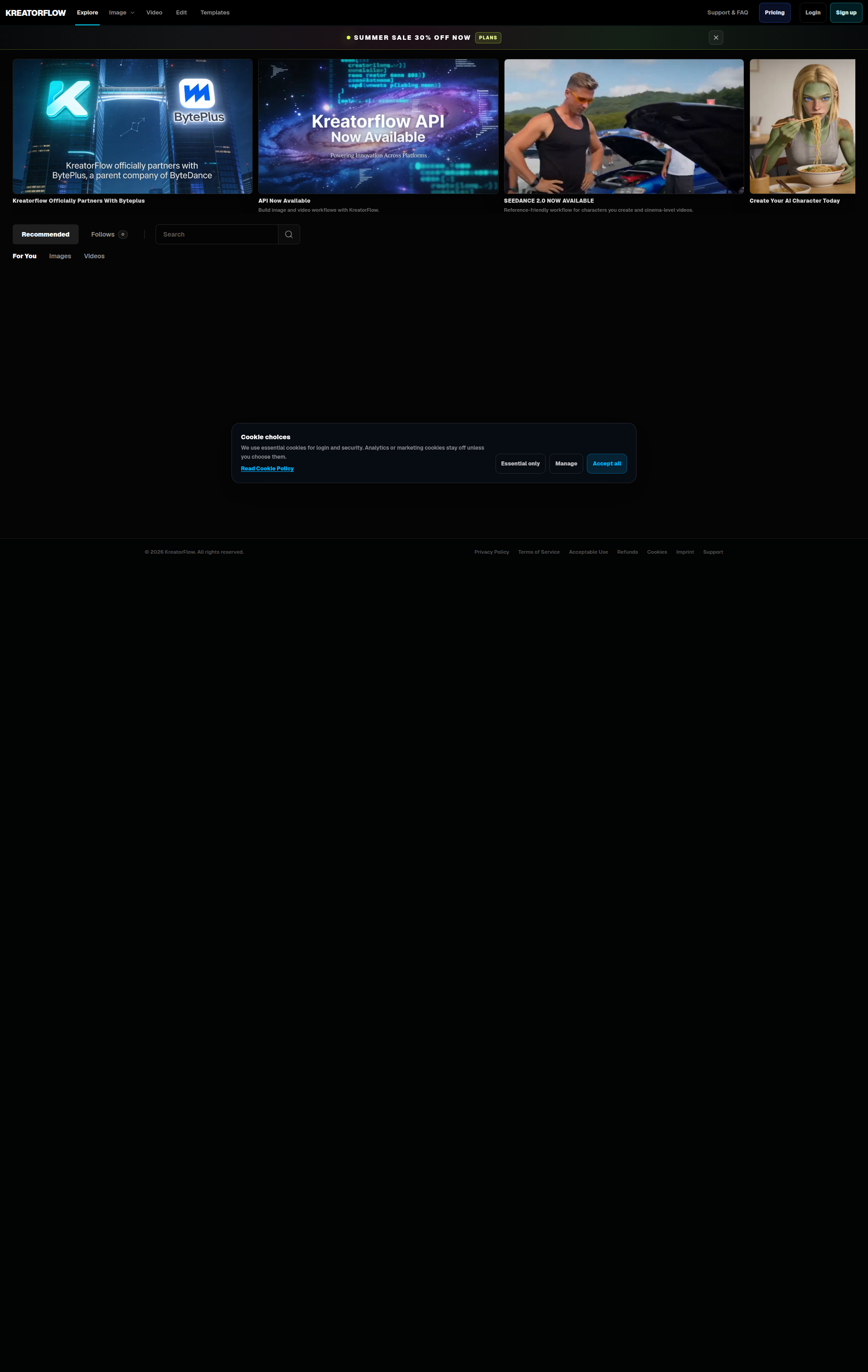 Landing page screenshot for kreatorflow.ai, 1920 by 3033 pixels