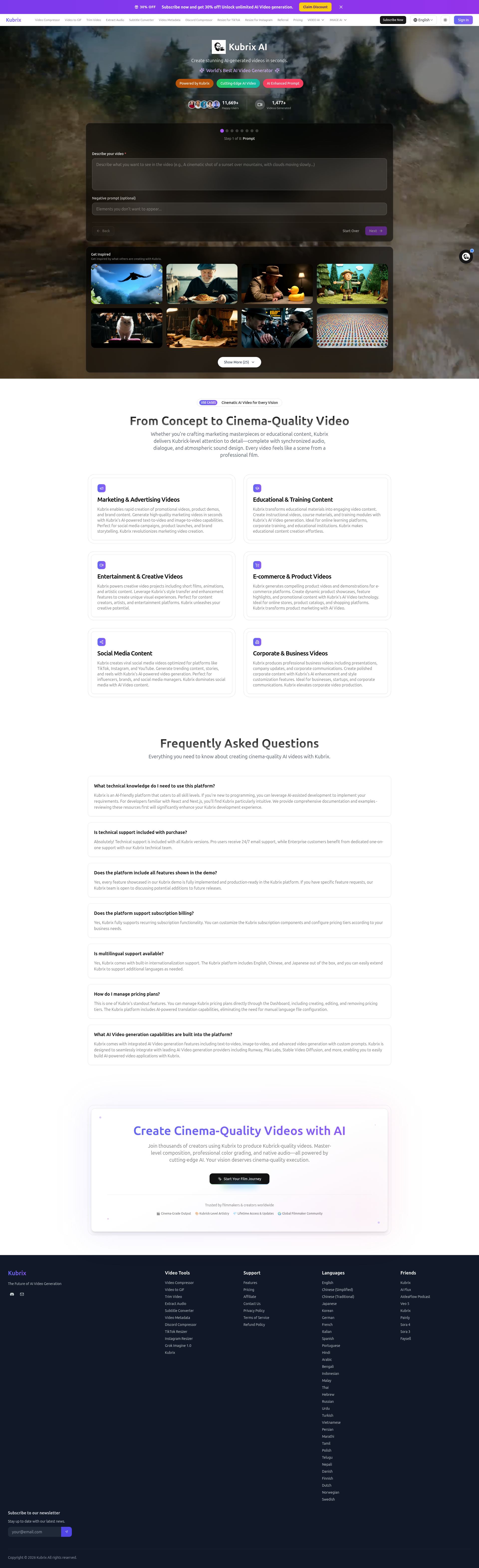 Landing page screenshot for kubrix.co, 1920 by 6282 pixels