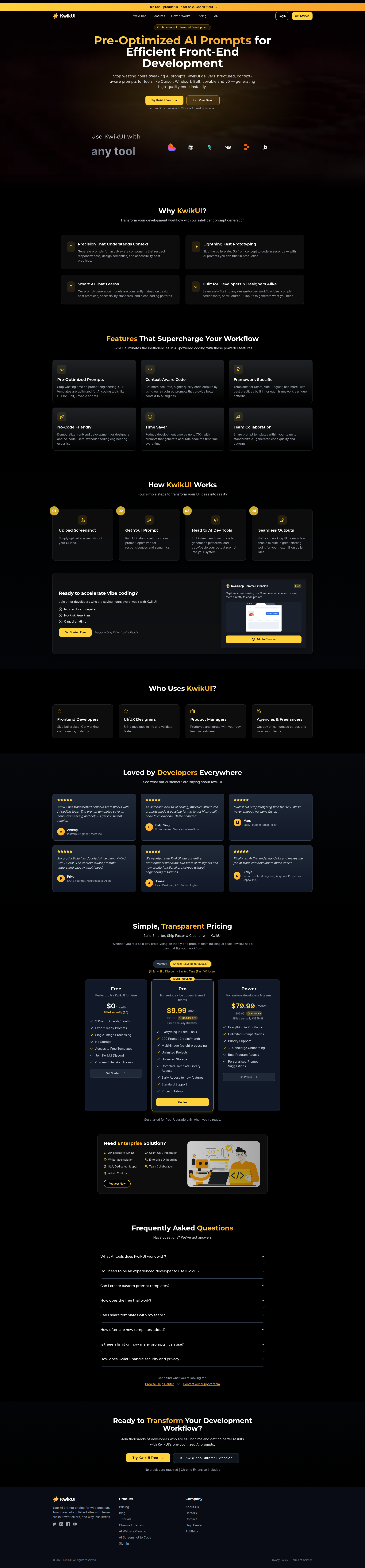 Landing page screenshot for kwikui.com, 1920 by 8241 pixels