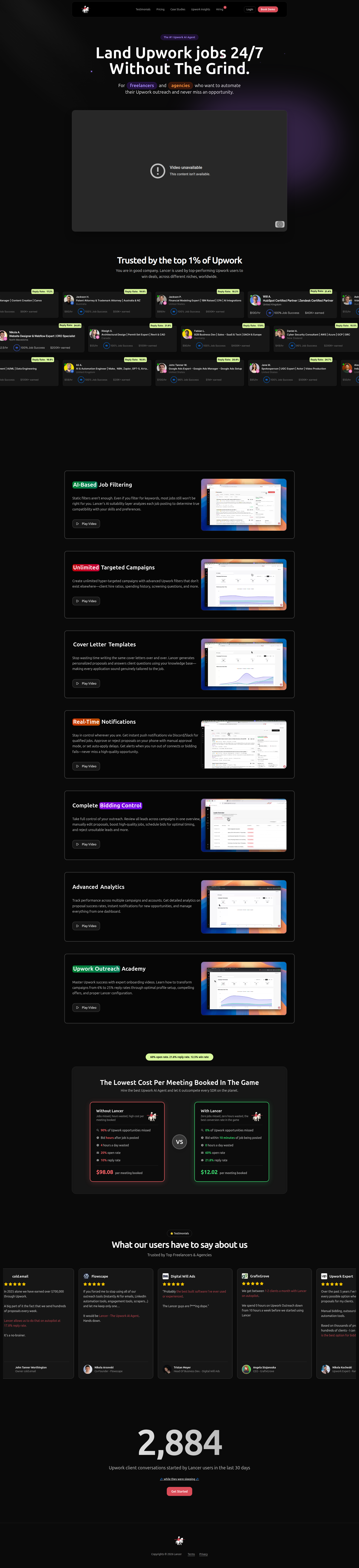 Landing page screenshot for lancer.app, 1920 by 8374 pixels