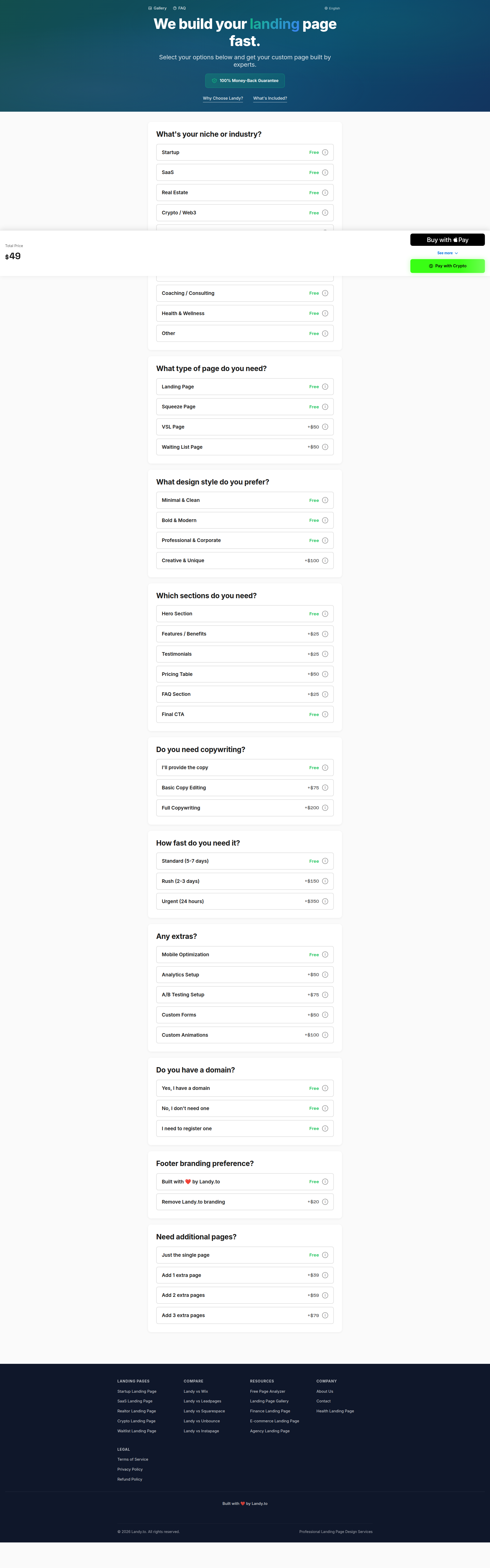 Landing page screenshot for landy.to, 1920 by 6136 pixels
