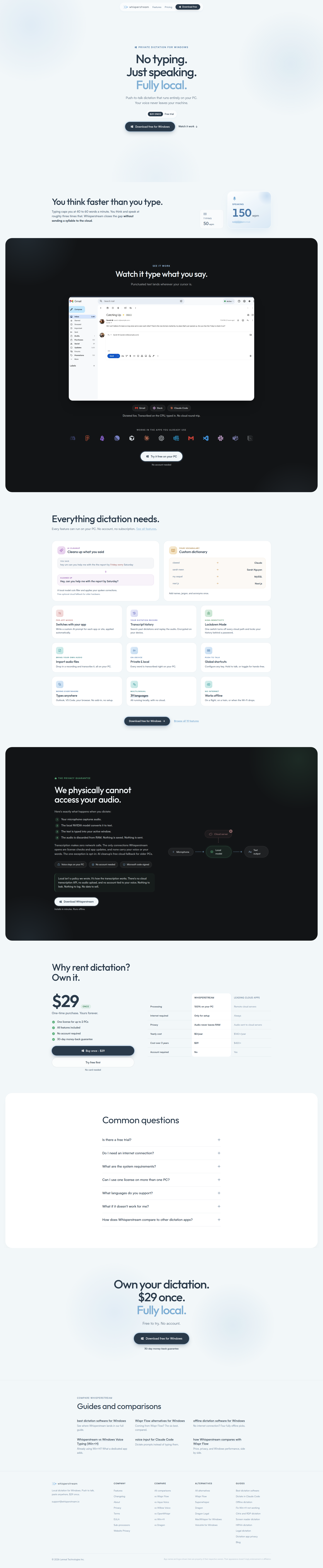 Landing page screenshot for whisperstream.io, 1920 by 9300 pixels