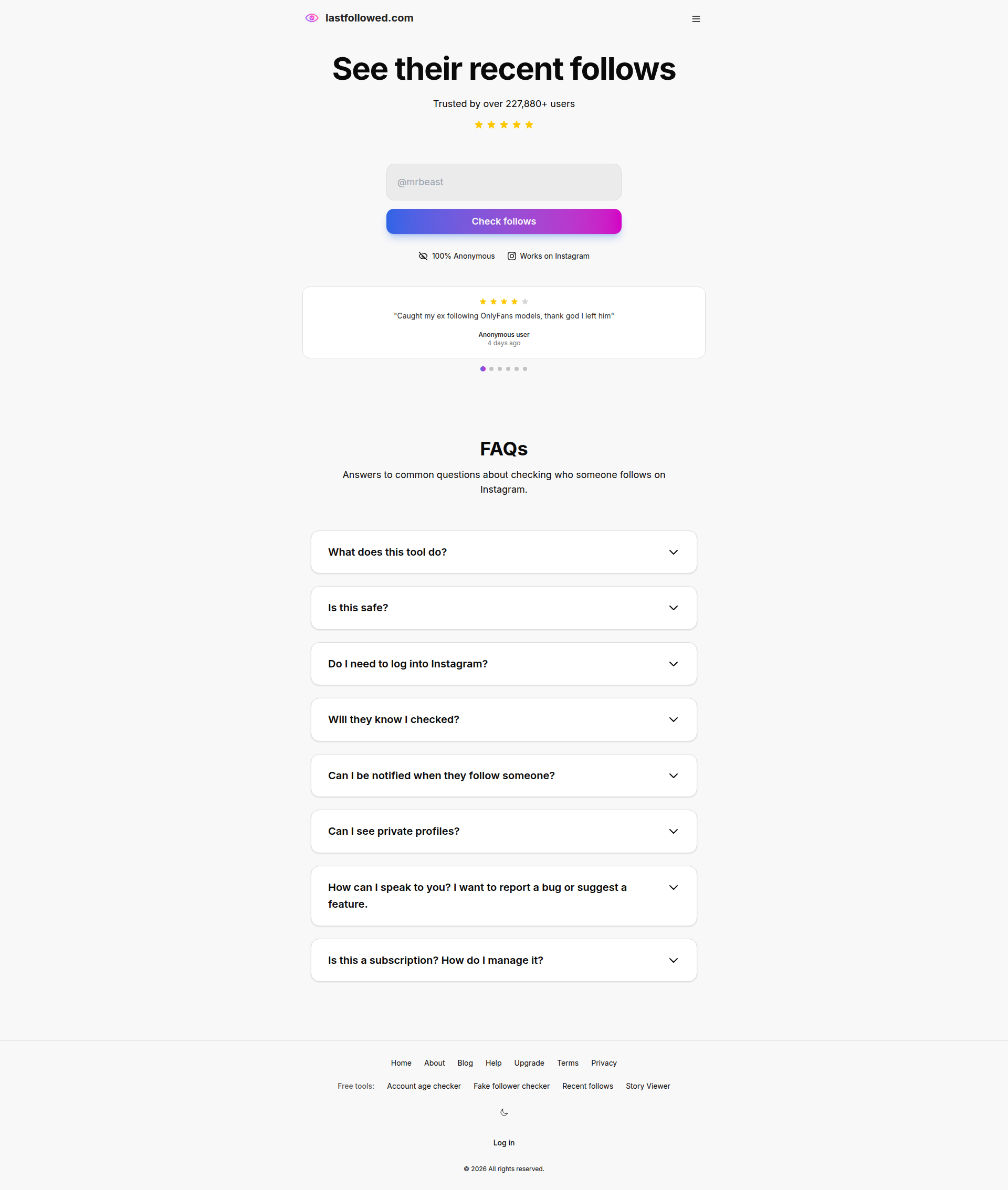 Landing page screenshot for lastfollowed.com, 1920 by 2268 pixels