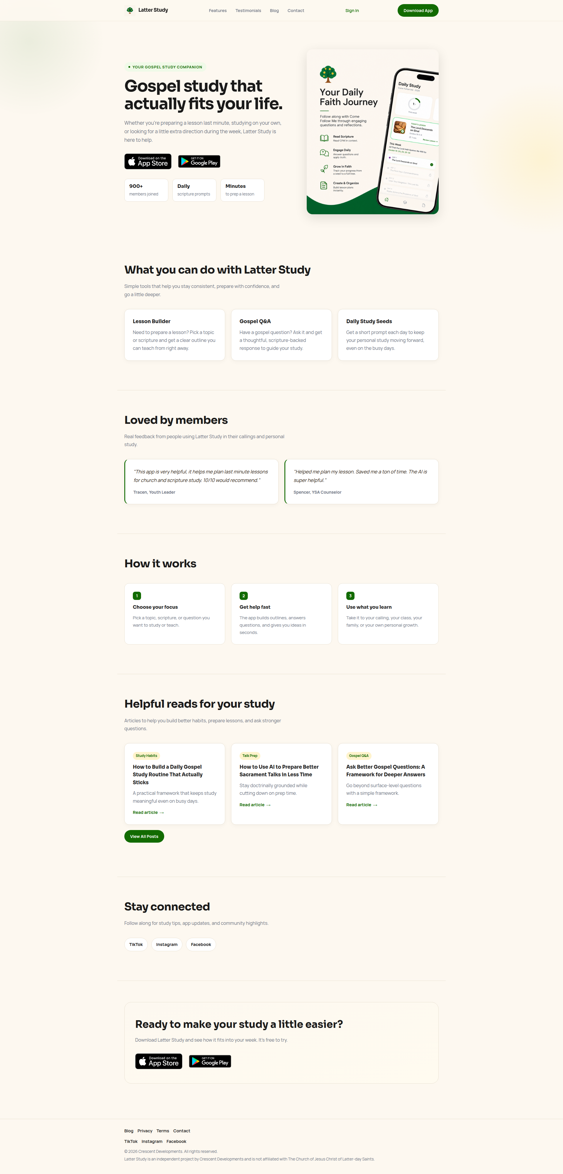 Landing page screenshot for latterstudy.com, 1920 by 4000 pixels