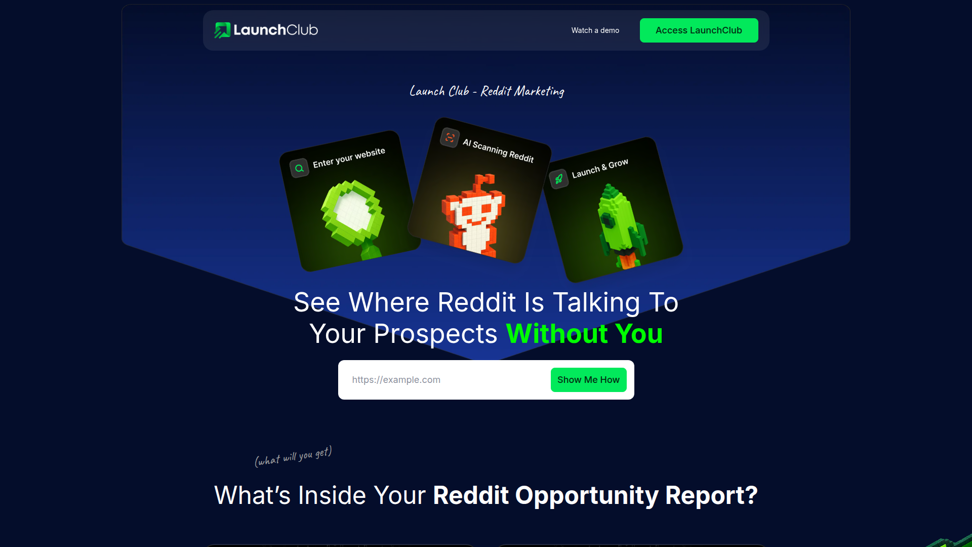 Landing page screenshot for launchclub.ai, 1920 by 1080 pixels
