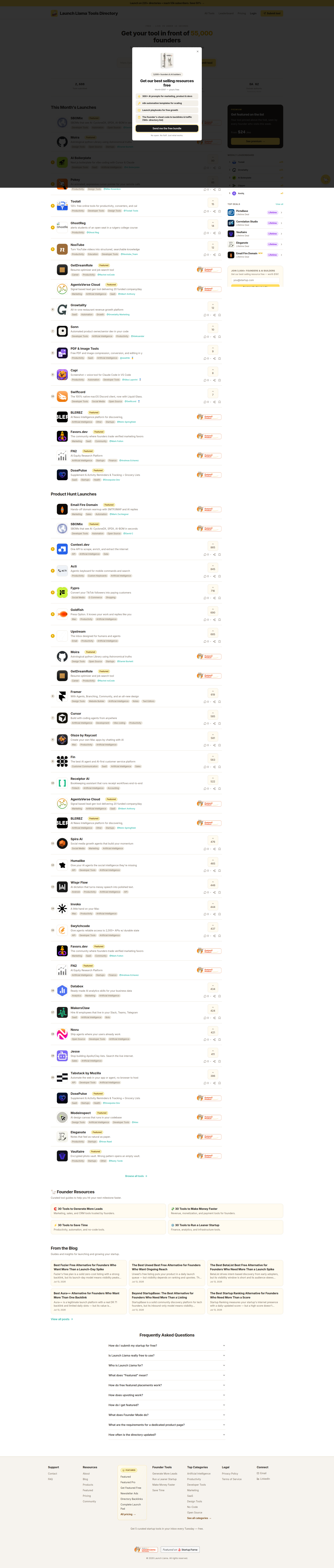Landing page screenshot for tools.launchllama.co, 1920 by 9022 pixels