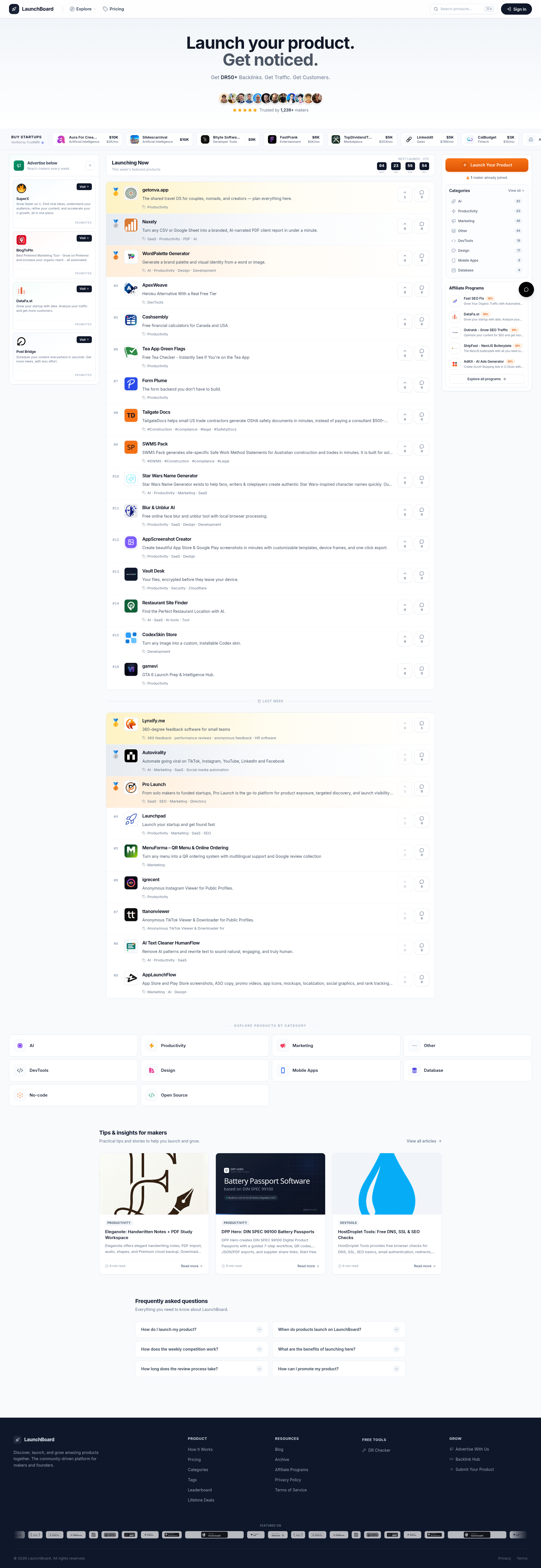 Landing page screenshot for launchboard.dev, 1920 by 5568 pixels