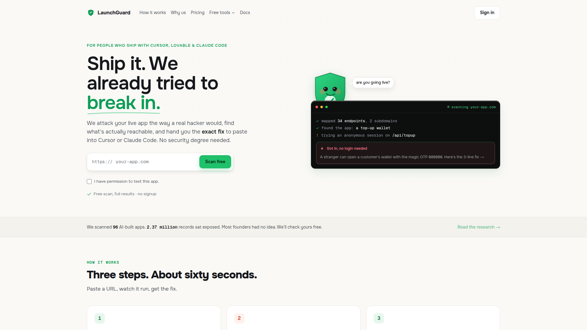 Landing page screenshot for launchguard.dev, 1920 by 1080 pixels