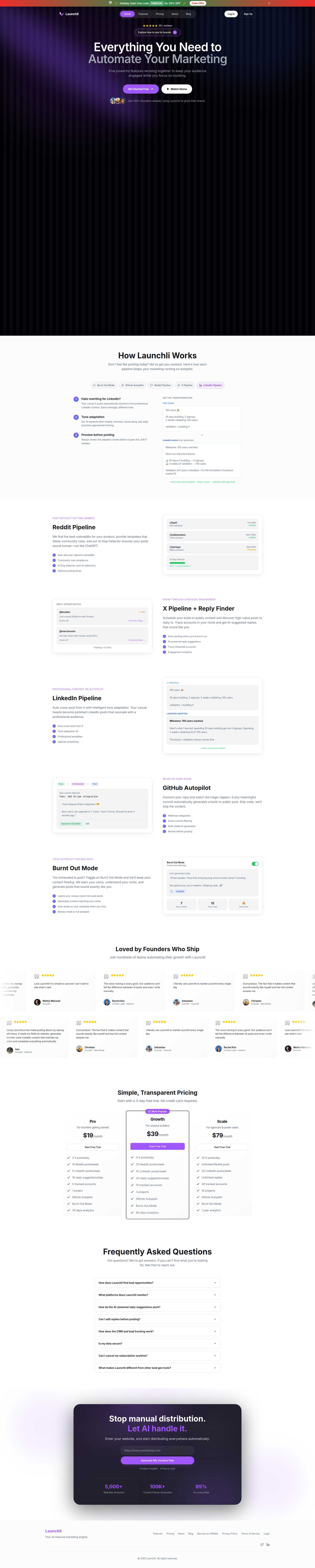 Landing page screenshot for launchli.ai, 1920 by 9548 pixels