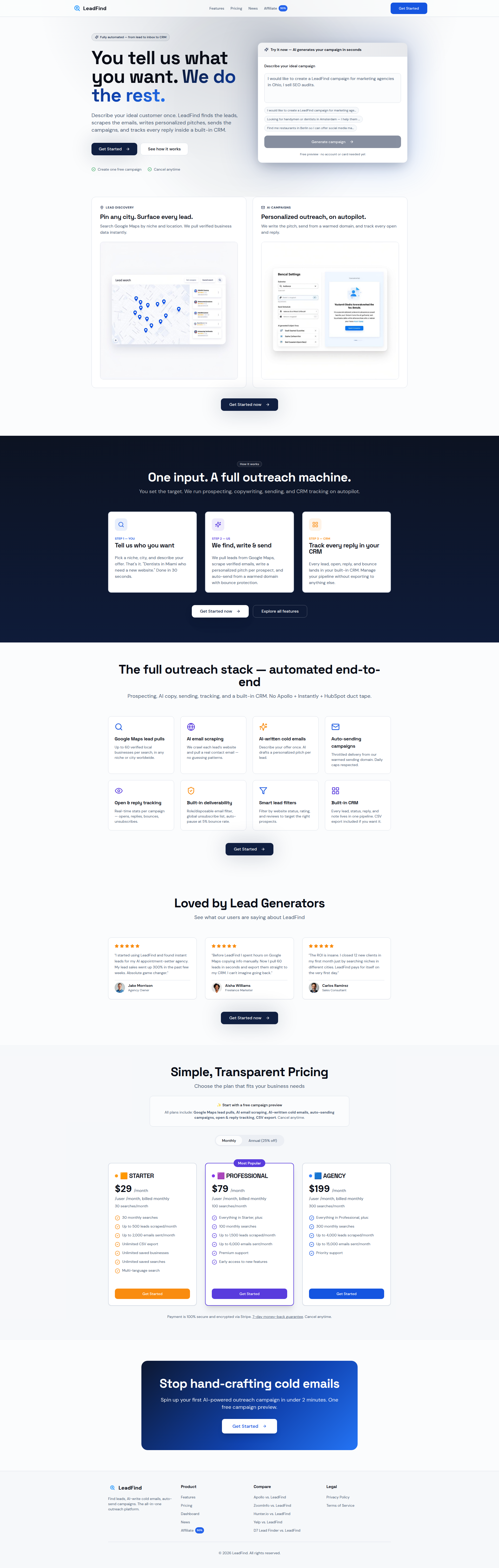 Landing page screenshot for leadfind.ai, 1920 by 6038 pixels