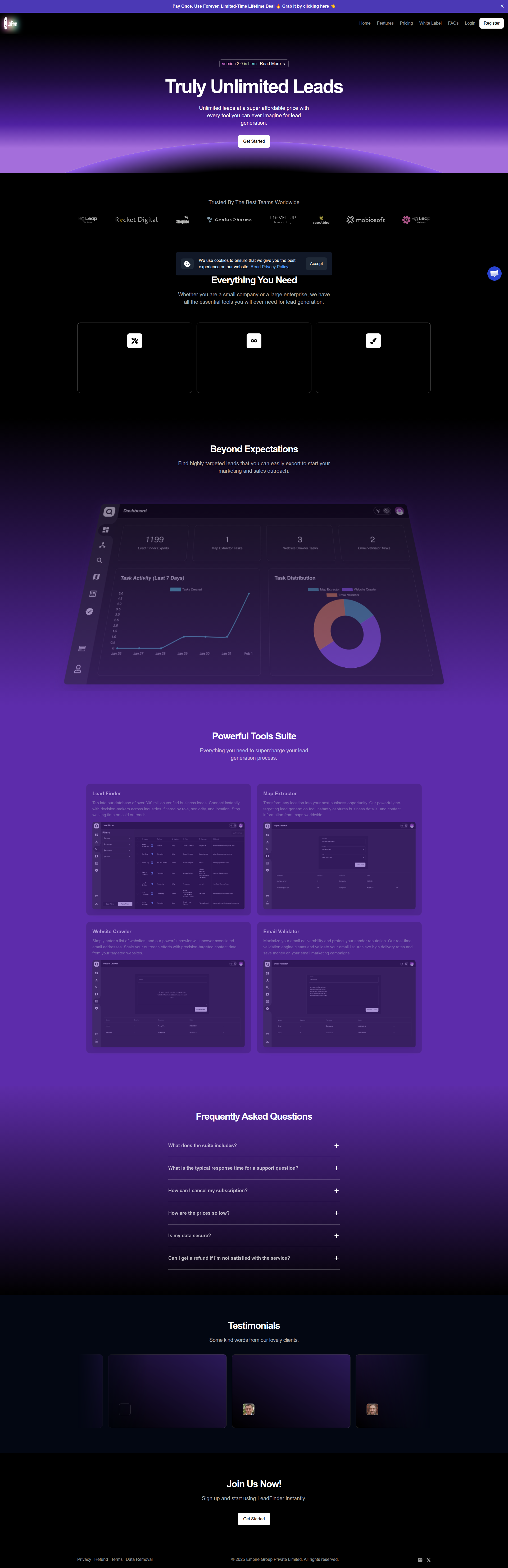 Landing page screenshot for leadfinder.io, 1920 by 5921 pixels