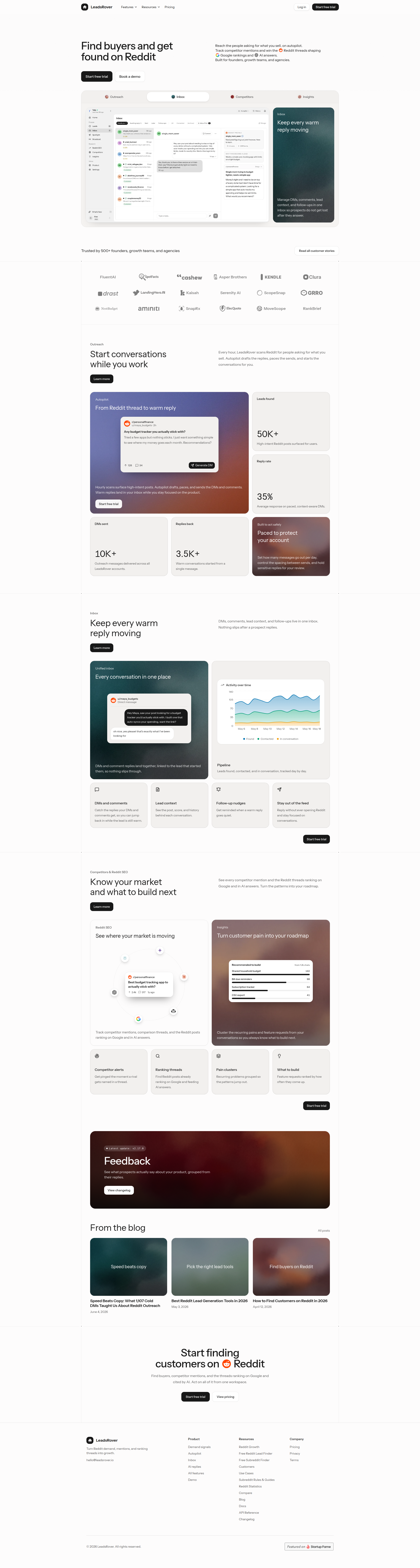 Landing page screenshot for leadsrover.io, 1920 by 7160 pixels