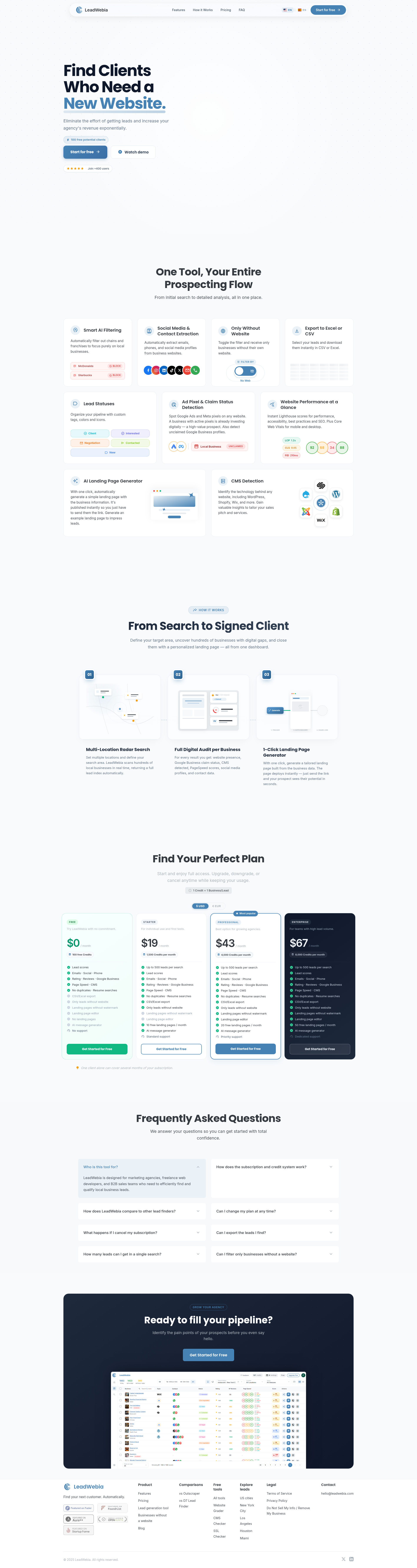 Landing page screenshot for leadwebia.com, 1920 by 7224 pixels