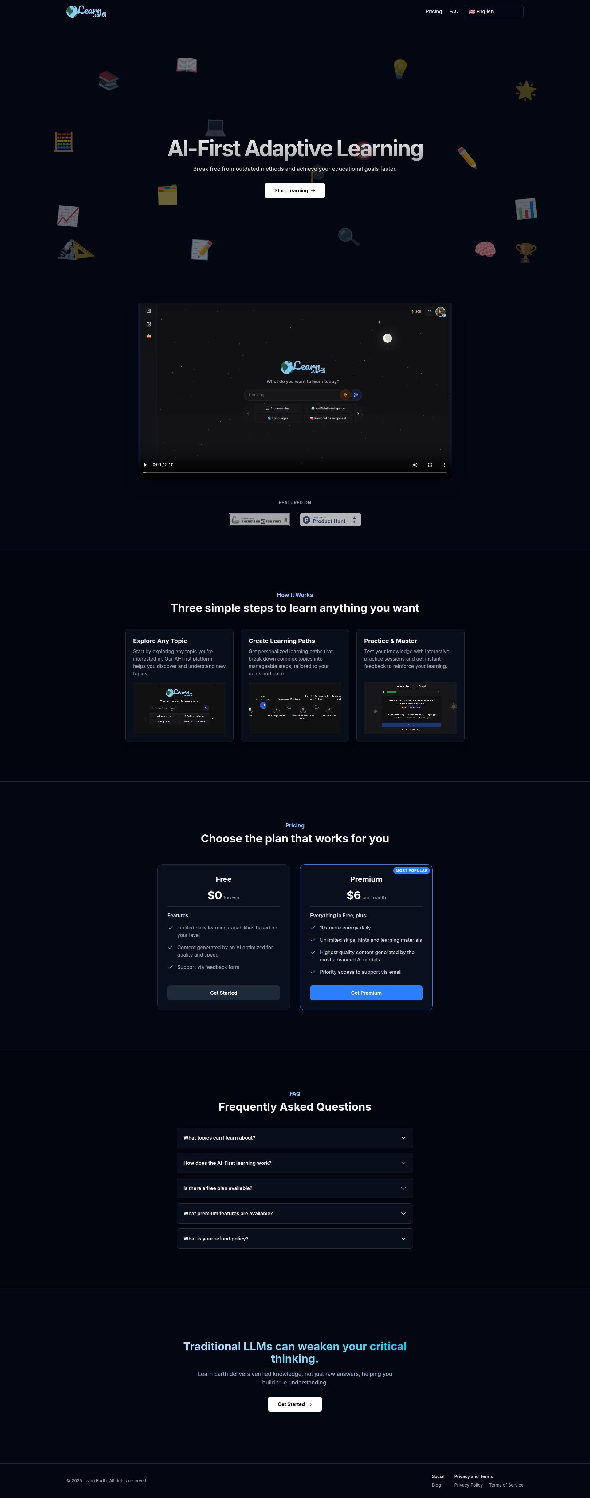 Landing page screenshot for learn.earth, 1920 by 4869 pixels