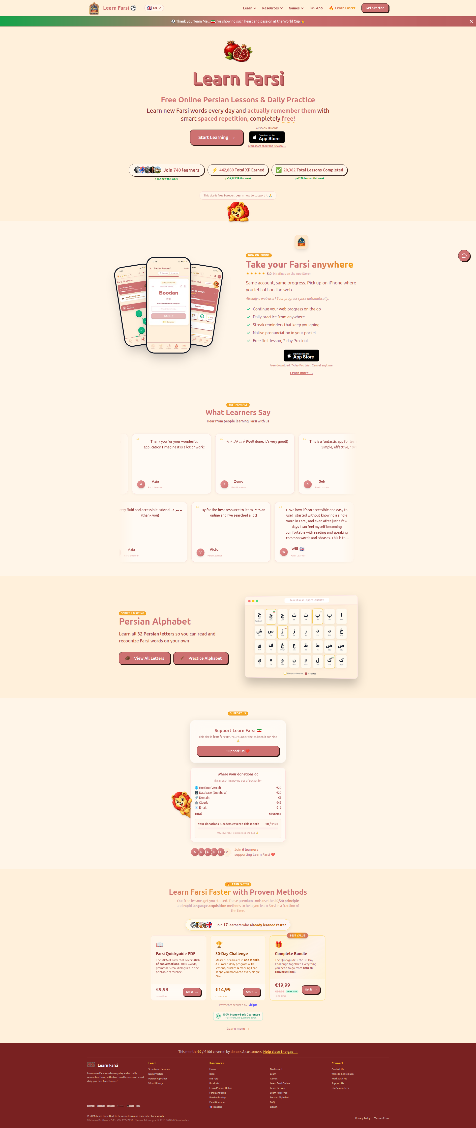 Landing page screenshot for learnfarsi.app, 1920 by 4553 pixels