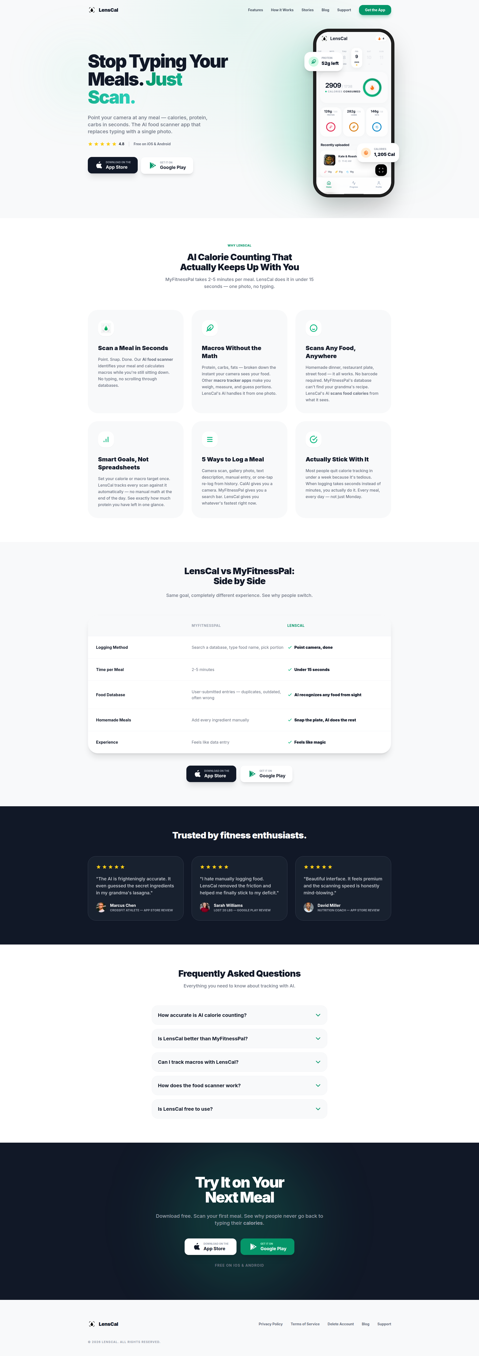 Landing page screenshot for lenscal.com, 1920 by 5434 pixels