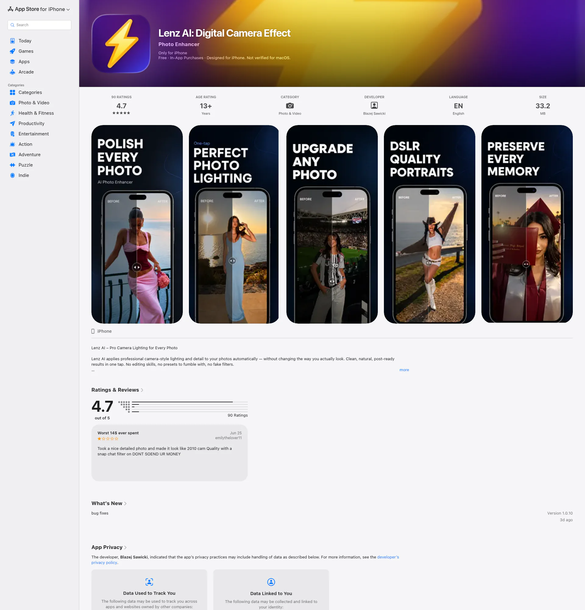 Lenz AI: Digital Camera Effect landing page