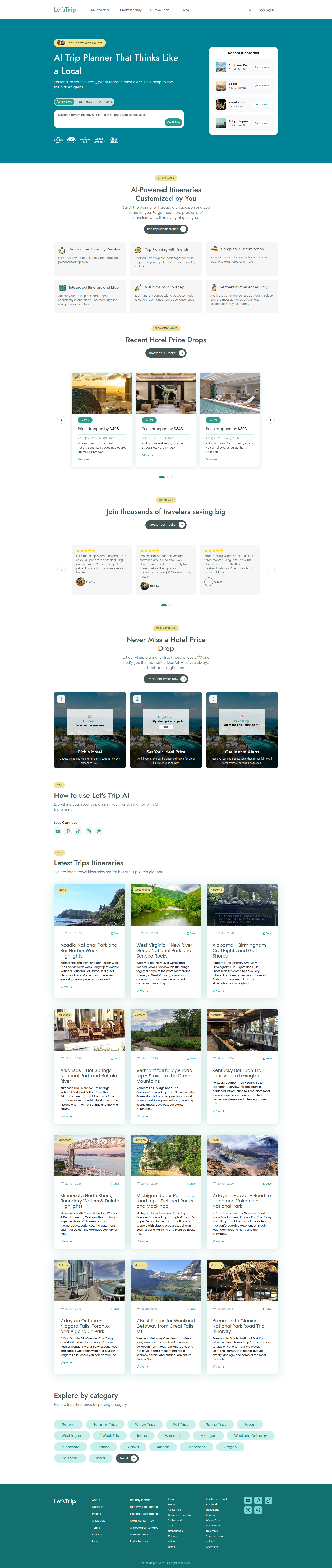 Landing page screenshot for letstrip.ai, 1920 by 9064 pixels