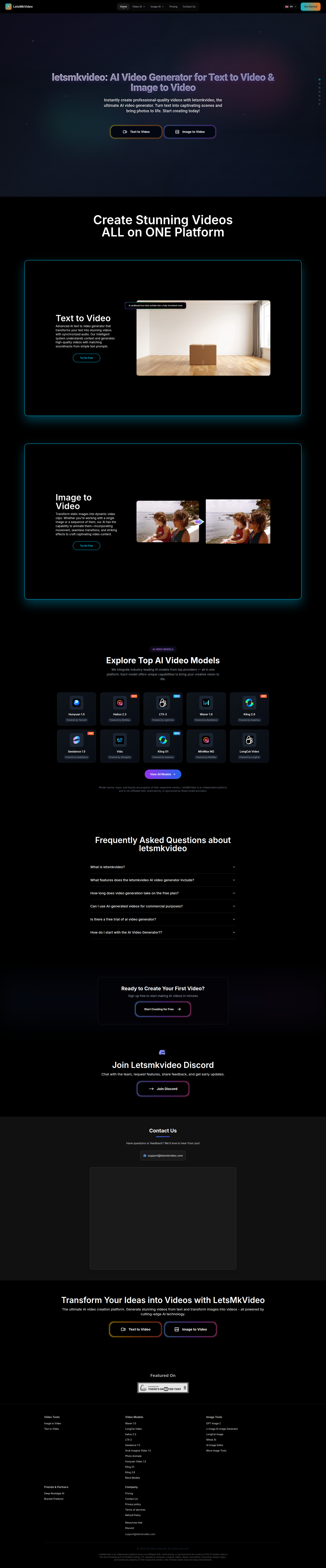 Landing page screenshot for letsmkvideo.com, 1920 by 9231 pixels