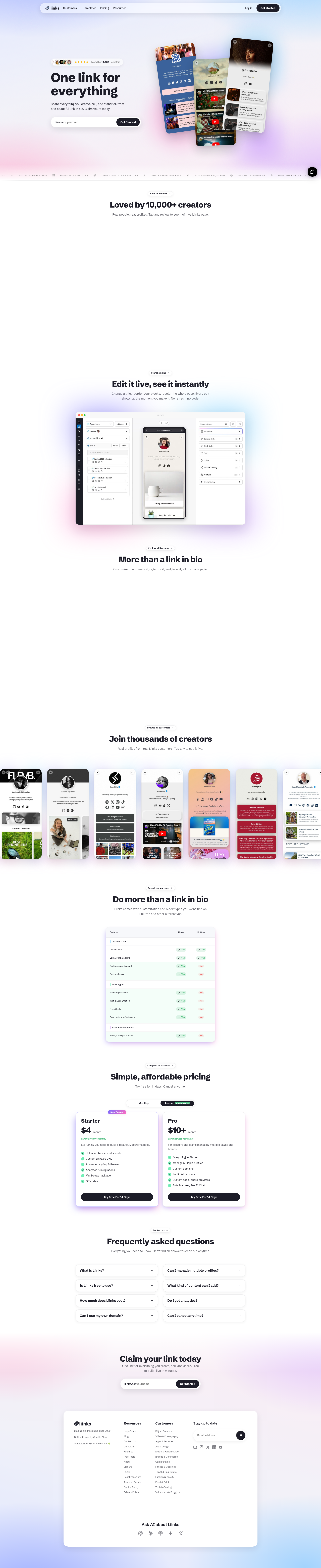 Landing page screenshot for liinks.co, 1920 by 9376 pixels