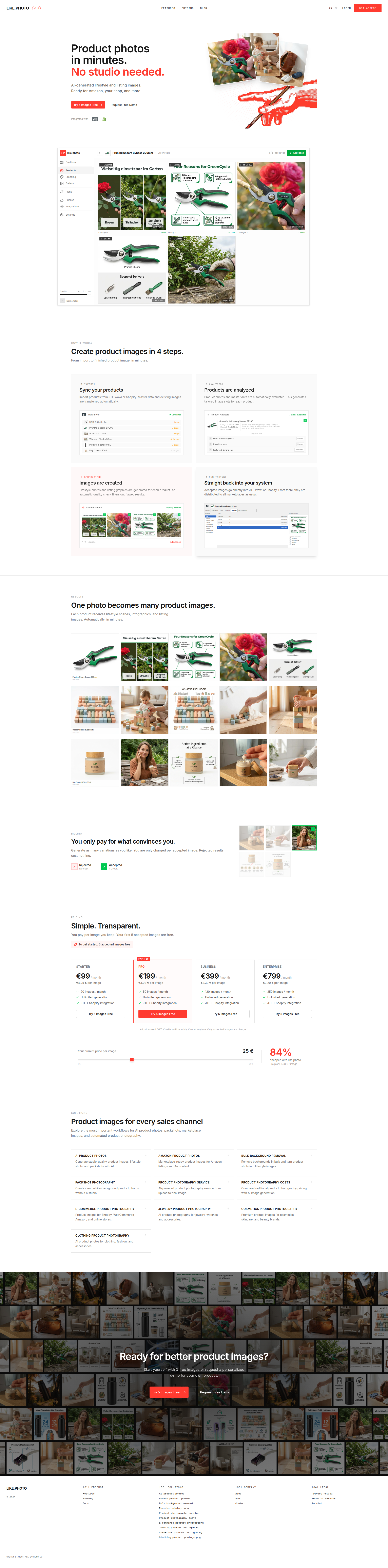 Landing page screenshot for like.photo, 1920 by 7760 pixels