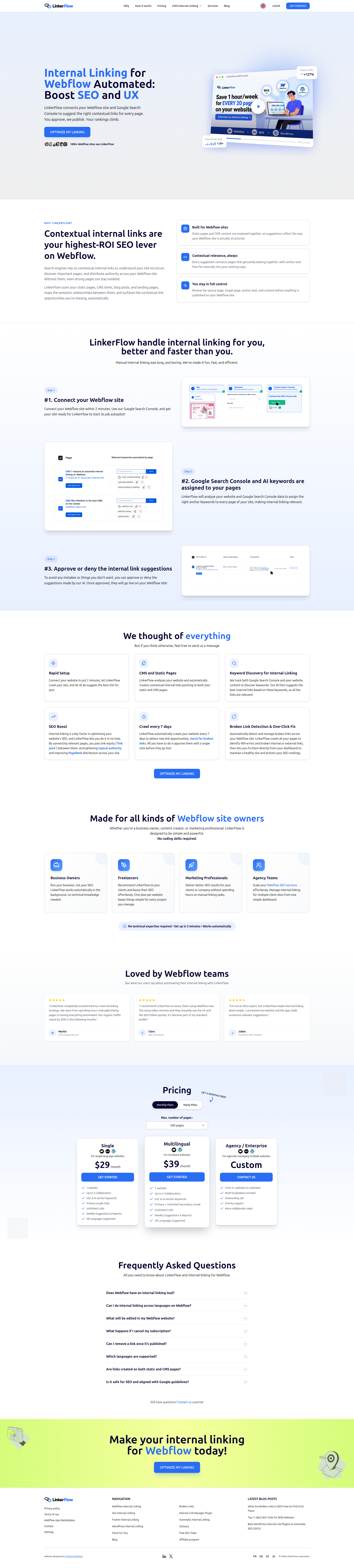 Landing page screenshot for linkerflow.io, 1920 by 8505 pixels