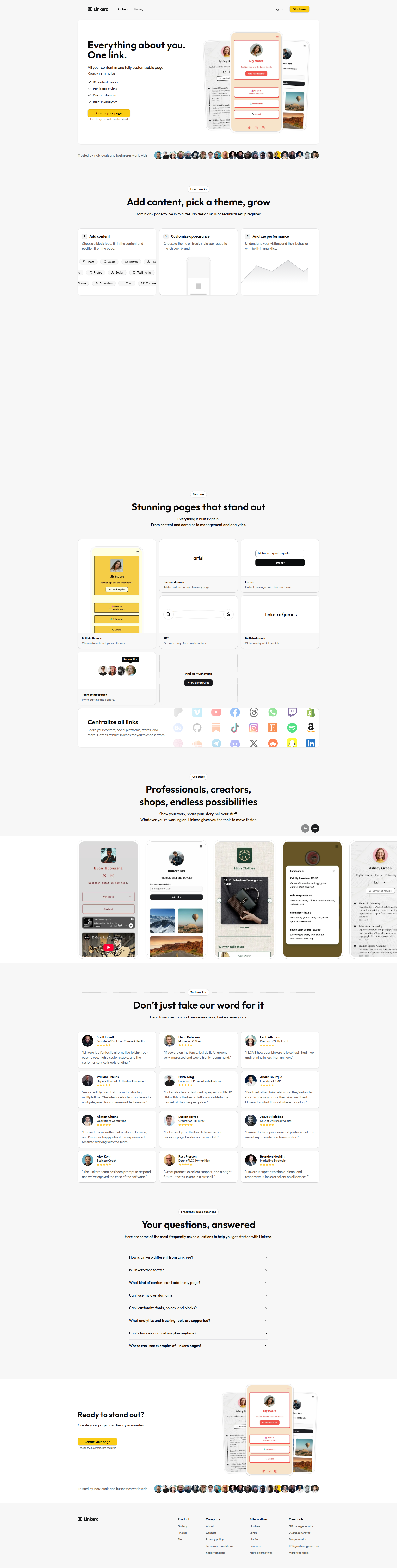 Landing page screenshot for linke.ro, 1920 by 7573 pixels