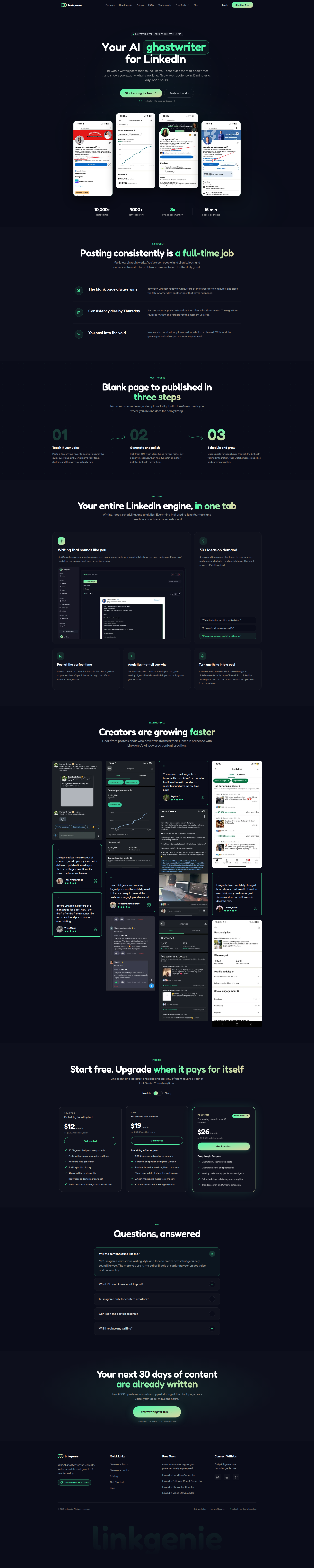 Landing page screenshot for linkgenie.one, 1920 by 9573 pixels