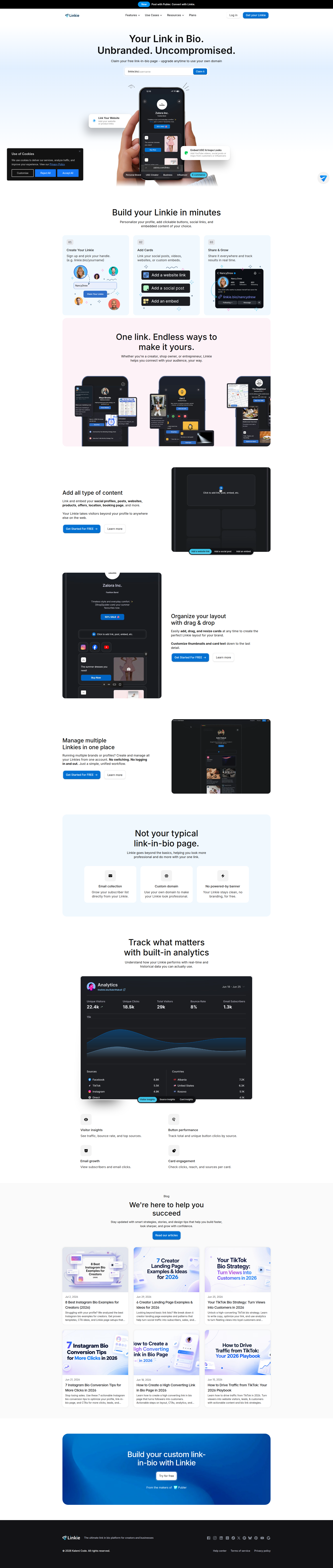 Landing page screenshot for linkie.bio, 1920 by 9033 pixels
