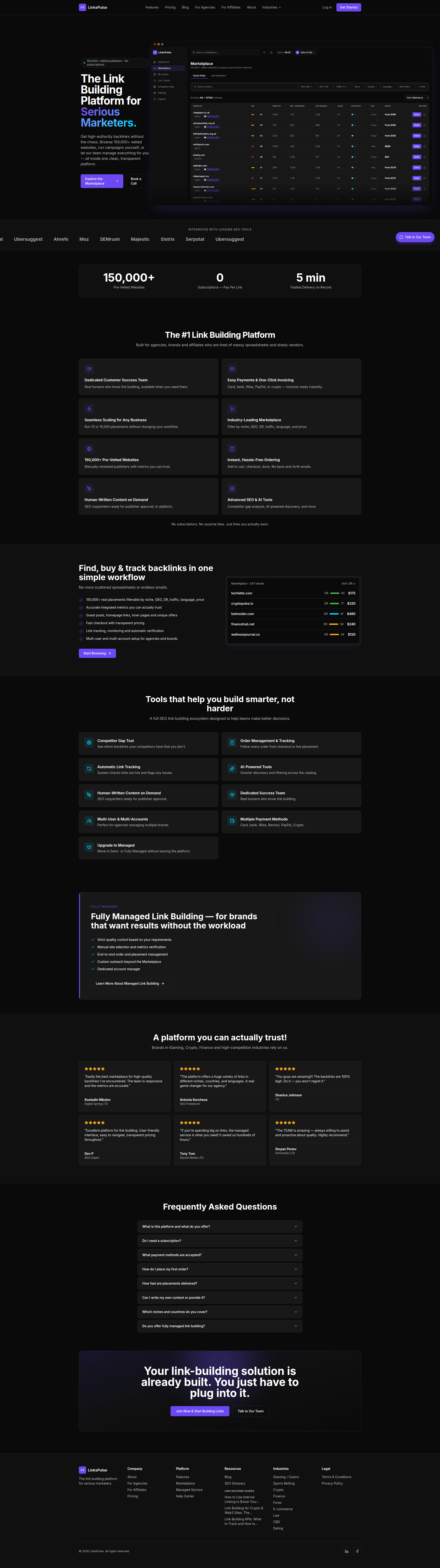 Landing page screenshot for linkspulse.com, 1920 by 6838 pixels