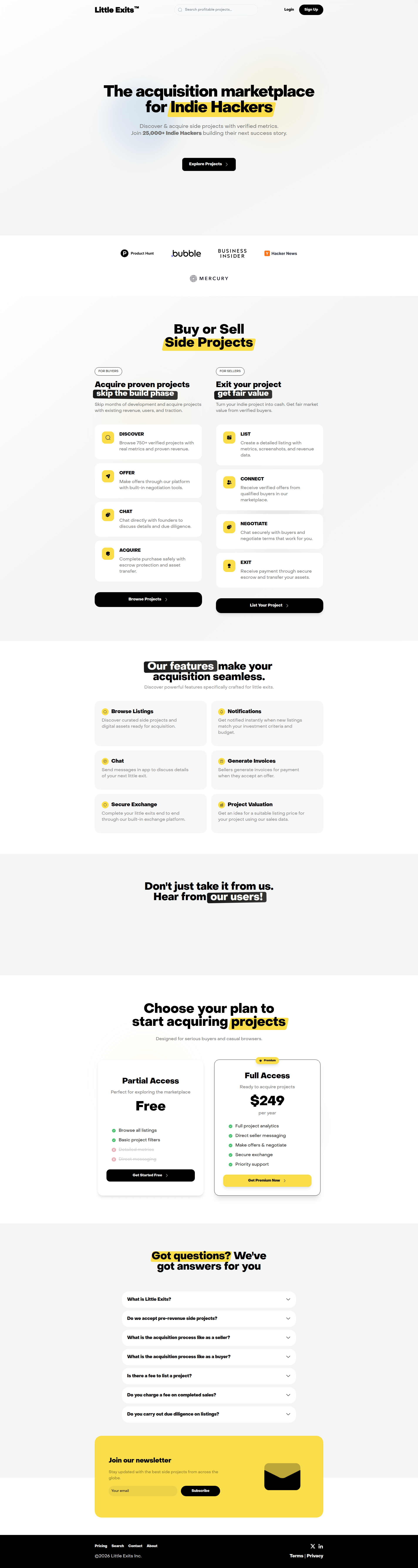 Landing page screenshot for littleexits.com, 1920 by 7210 pixels