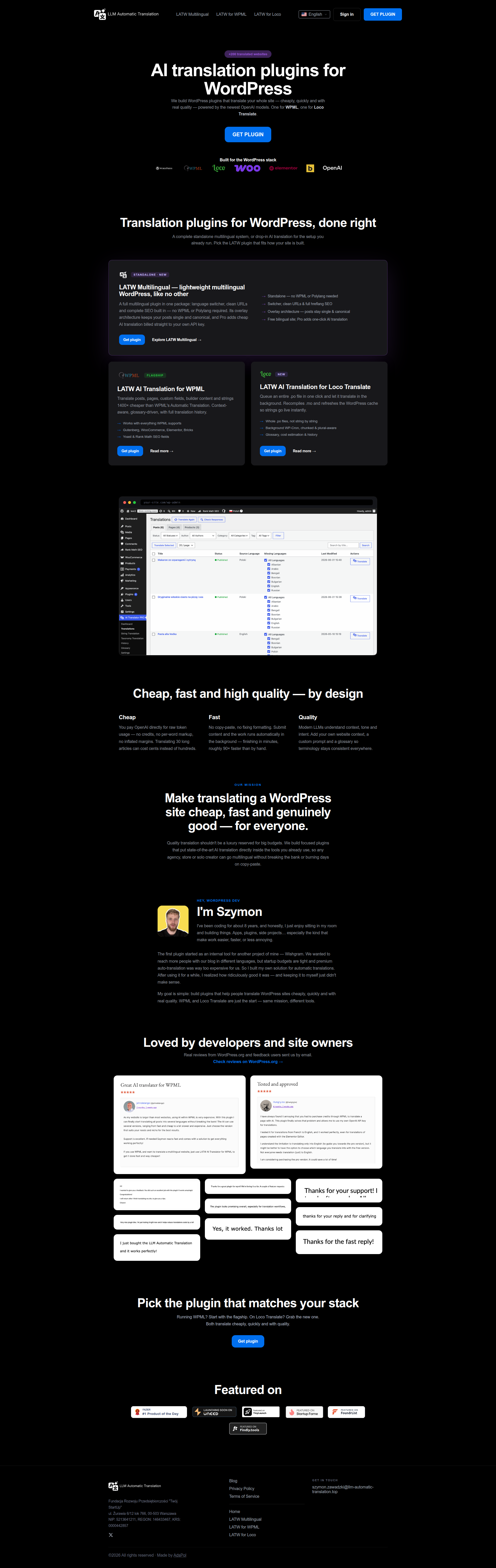 Landing page screenshot for llm-automatic-translation.top, 1920 by 6074 pixels