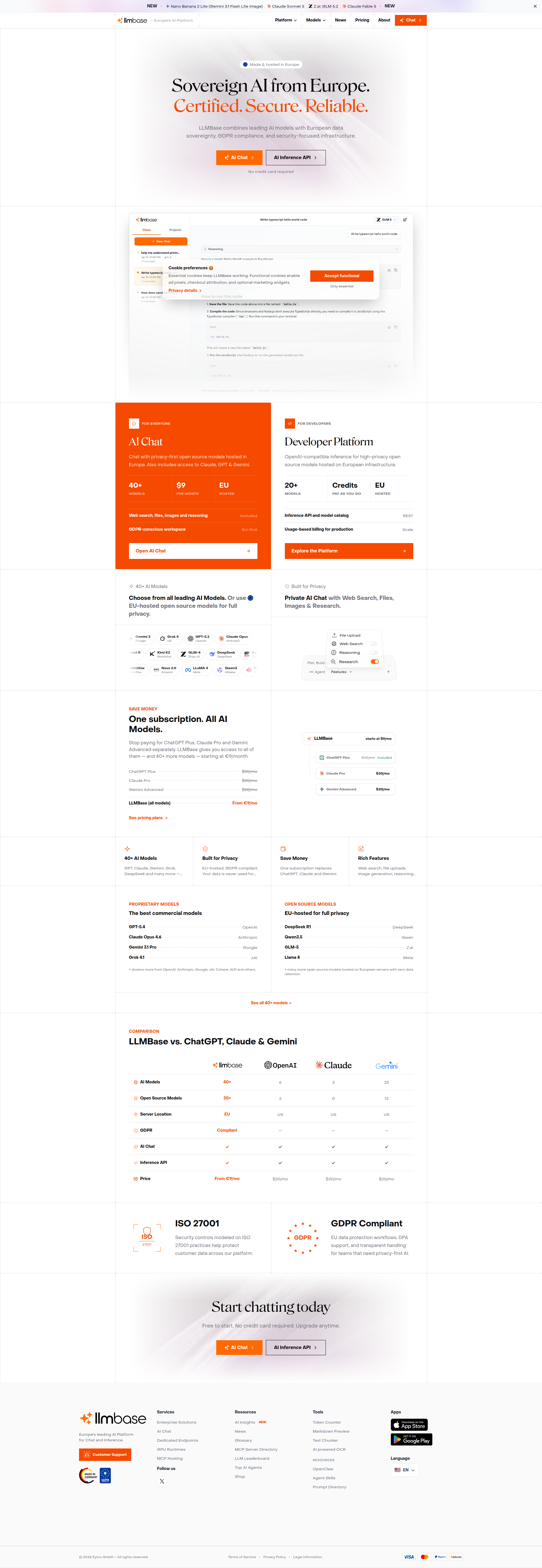 Landing page screenshot for llmbase.ai, 1920 by 5549 pixels