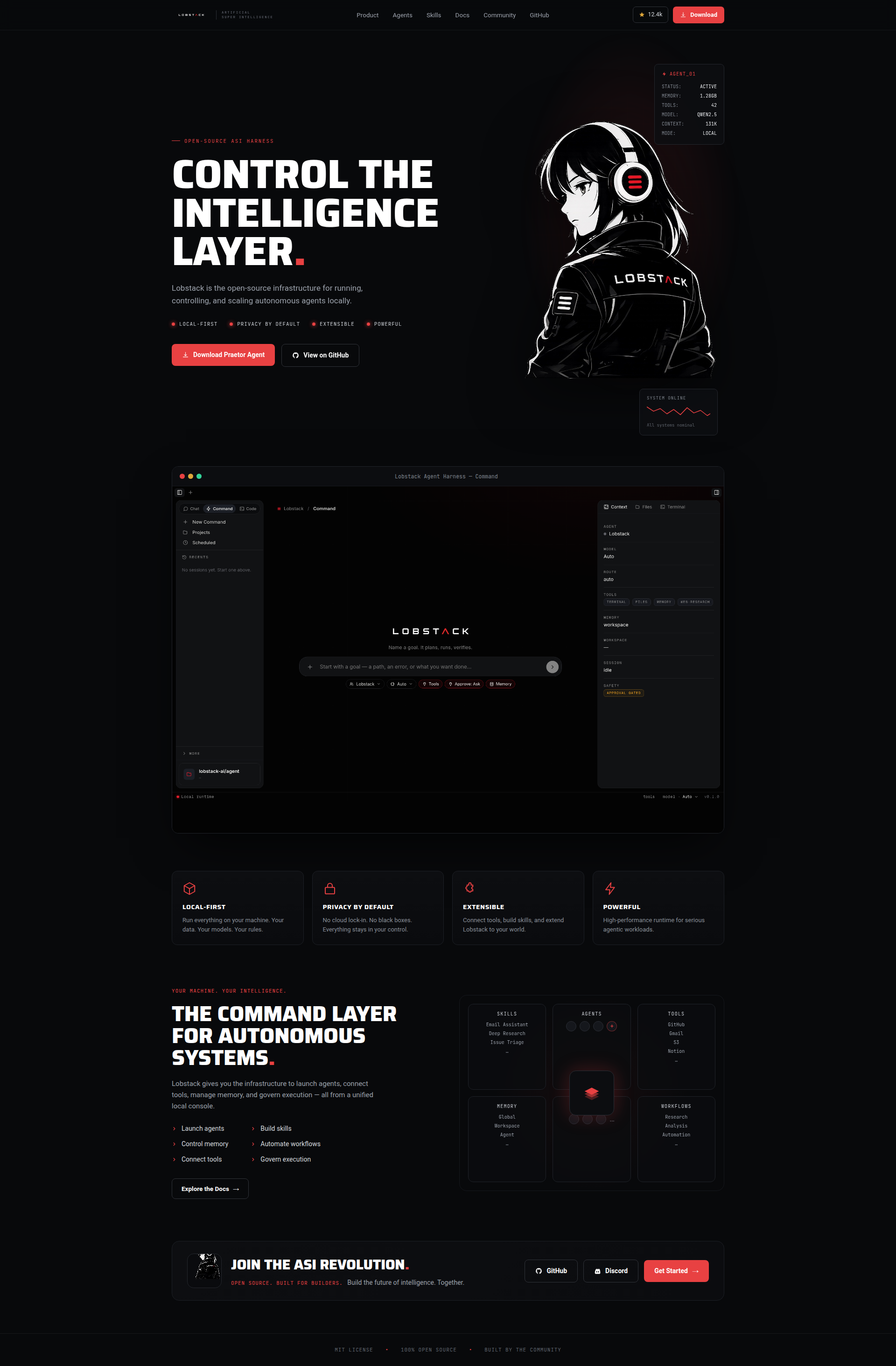 Landing page screenshot for lobstack.ai, 1920 by 2927 pixels