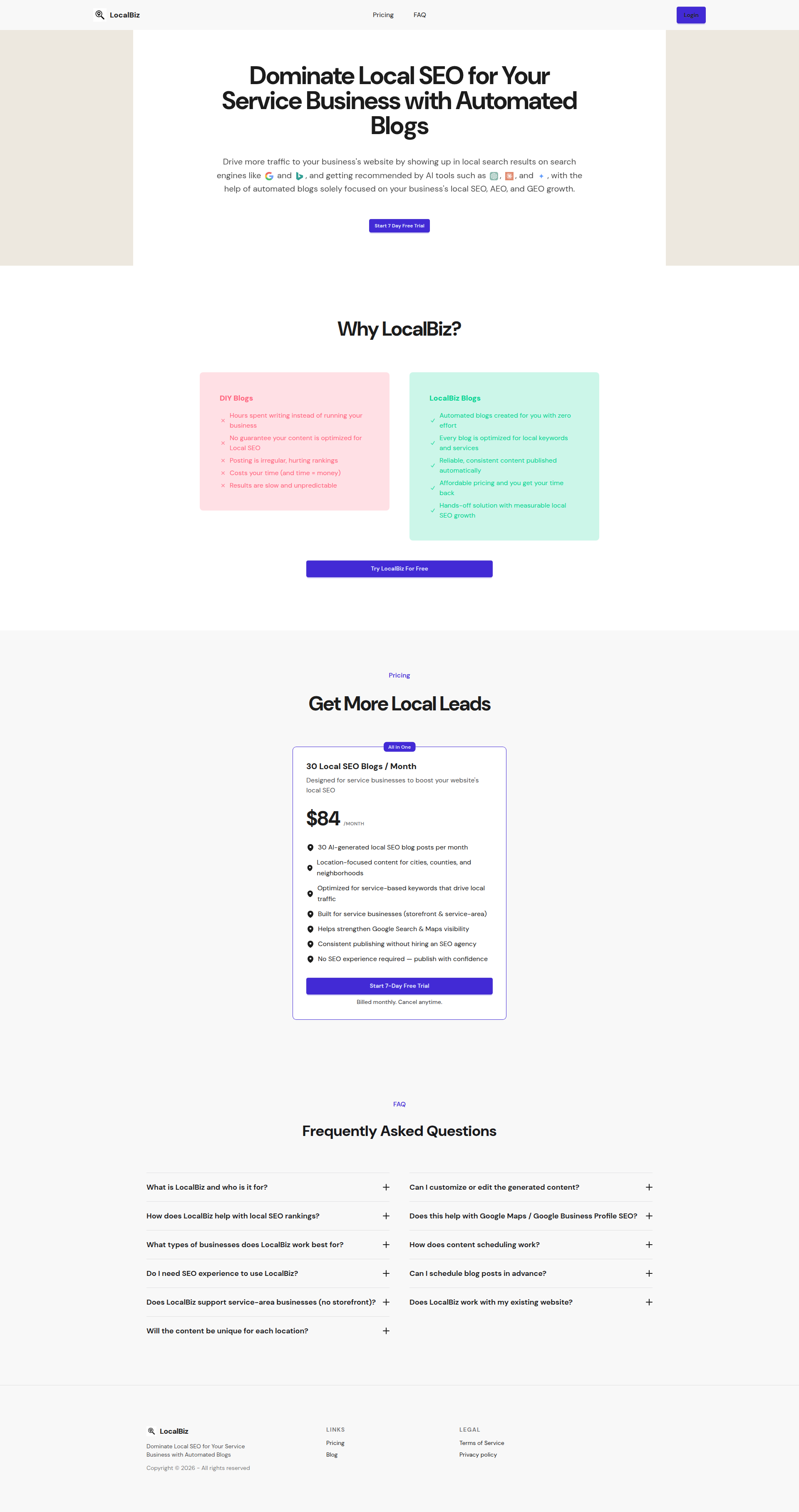 Landing page screenshot for localbiz.ai, 1920 by 3631 pixels