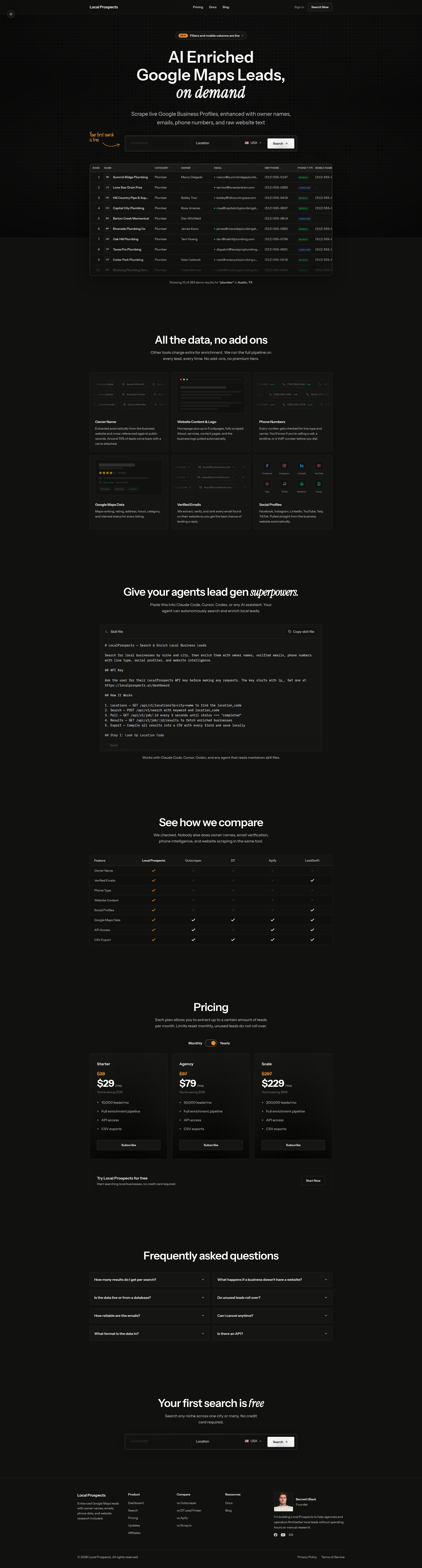 Landing page screenshot for localprospects.ai, 1920 by 7136 pixels
