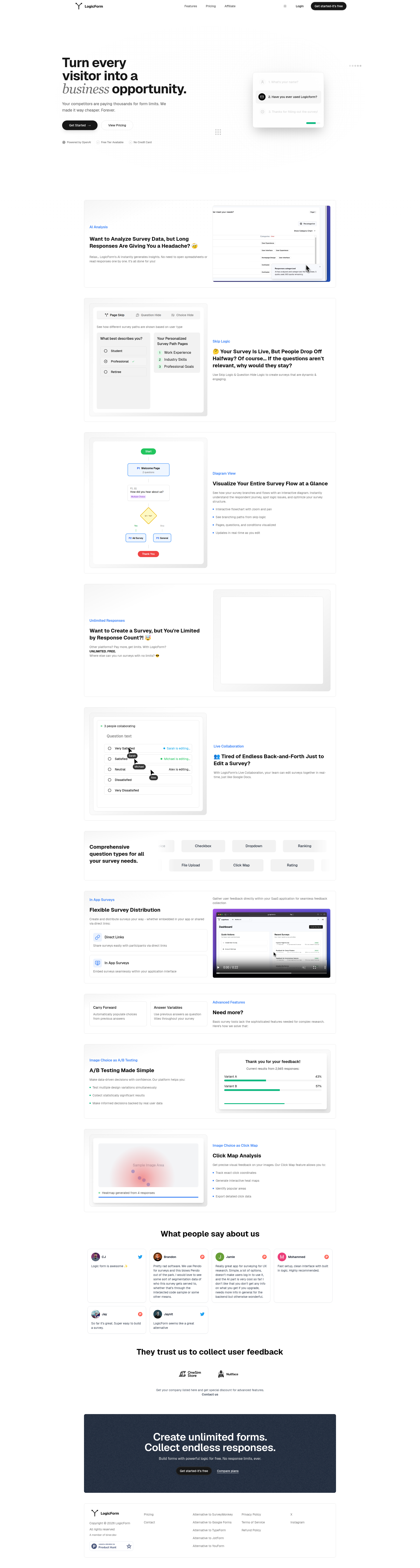 Landing page screenshot for logicform.io, 1920 by 7172 pixels