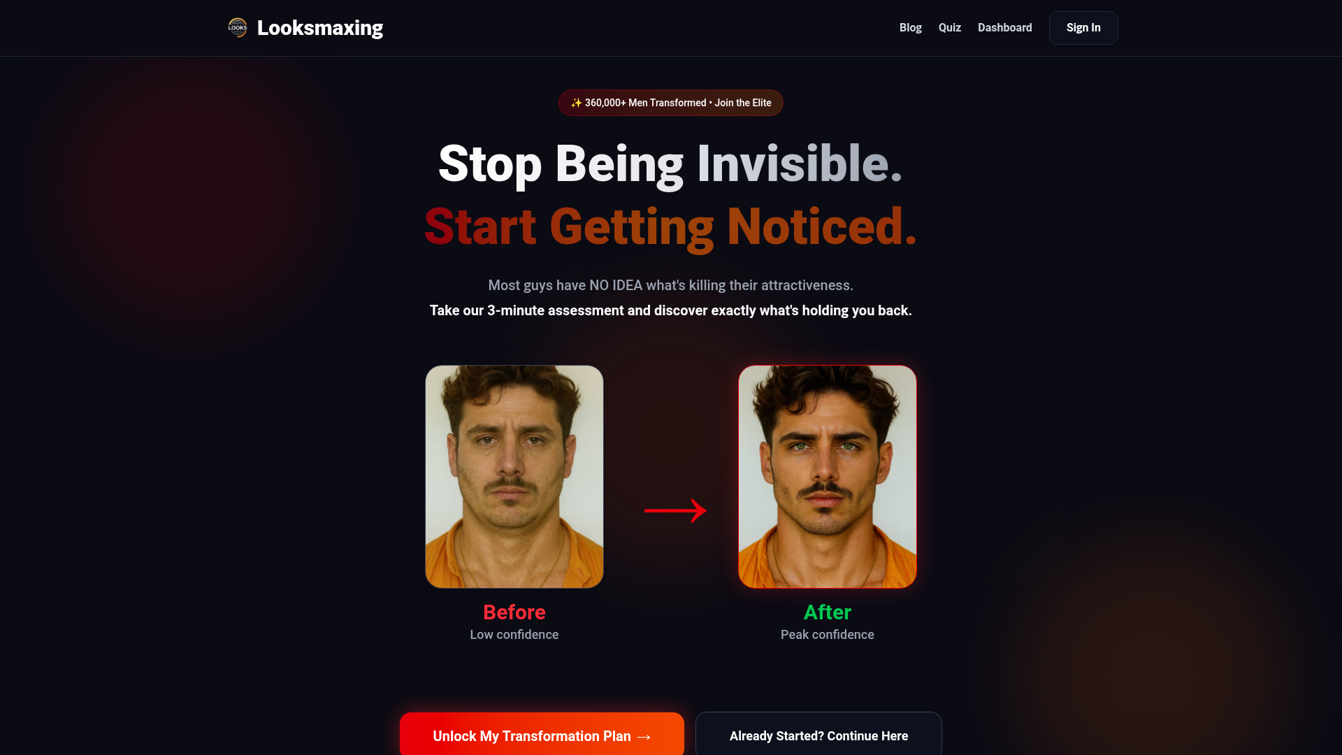 Landing page screenshot for looksmaxing.app, 1920 by 1080 pixels