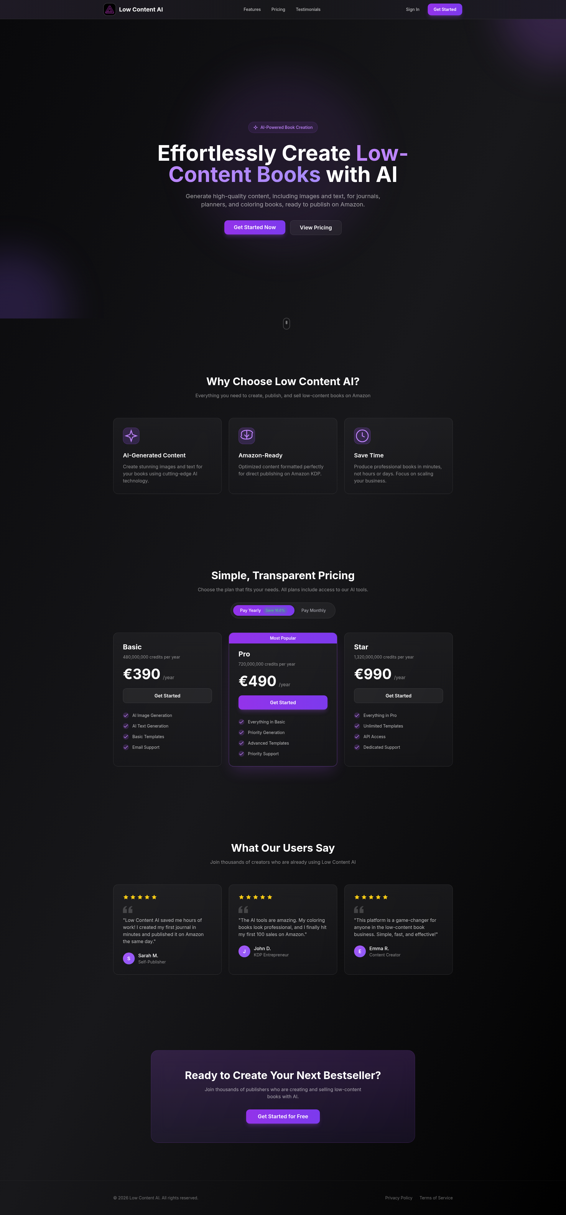 Landing page screenshot for lowcontent.ai, 1920 by 4120 pixels
