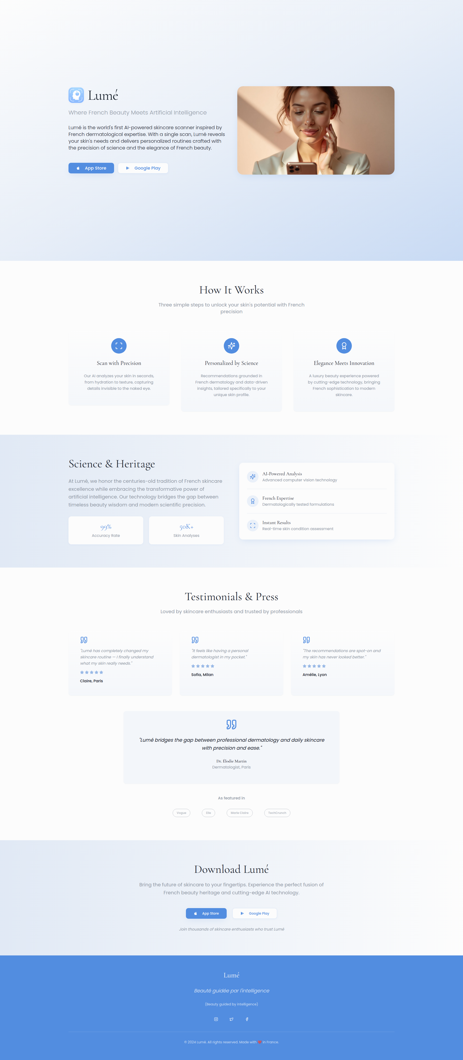Landing page screenshot for lumeskin.app, 1920 by 4389 pixels