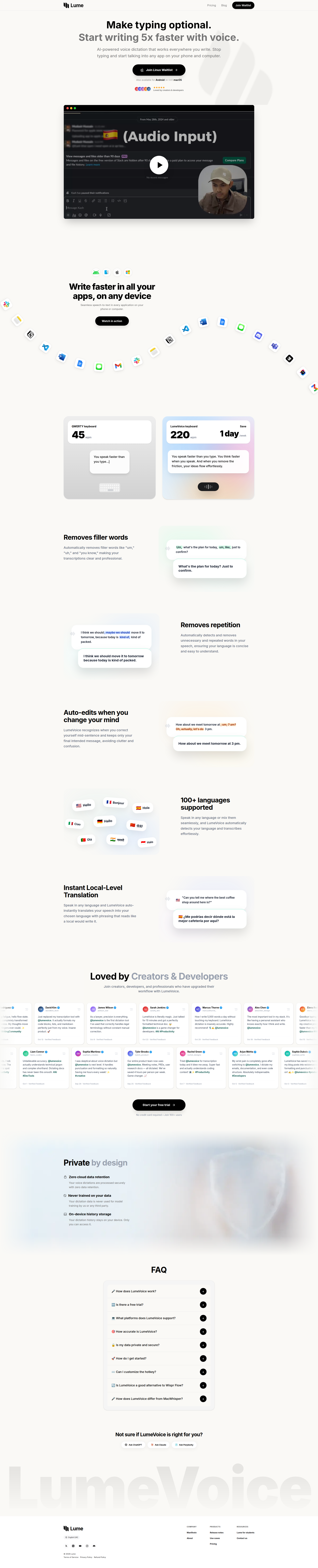 Landing page screenshot for lumevoice.com, 1920 by 9452 pixels