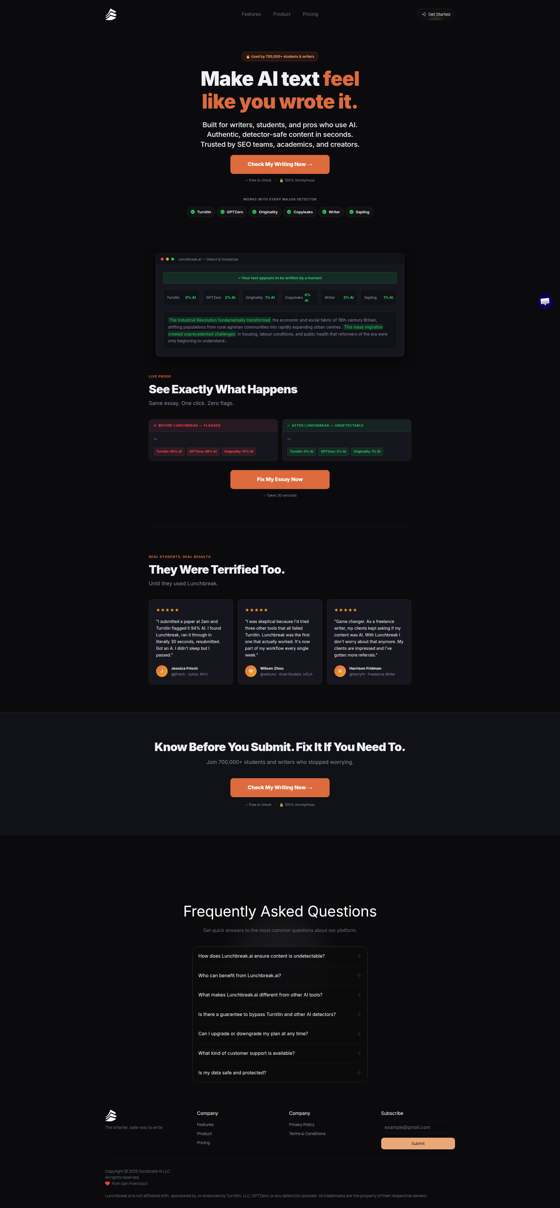 Landing page screenshot for lunchbreak.ai, 1920 by 4140 pixels