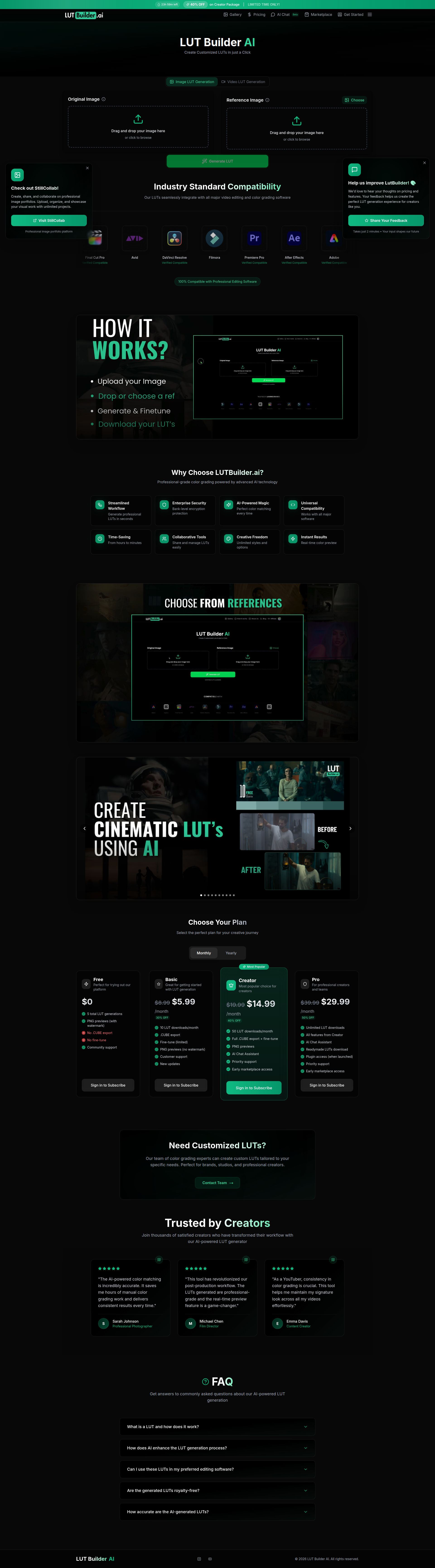 Landing page screenshot for lutbuilder.ai, 1920 by 6927 pixels