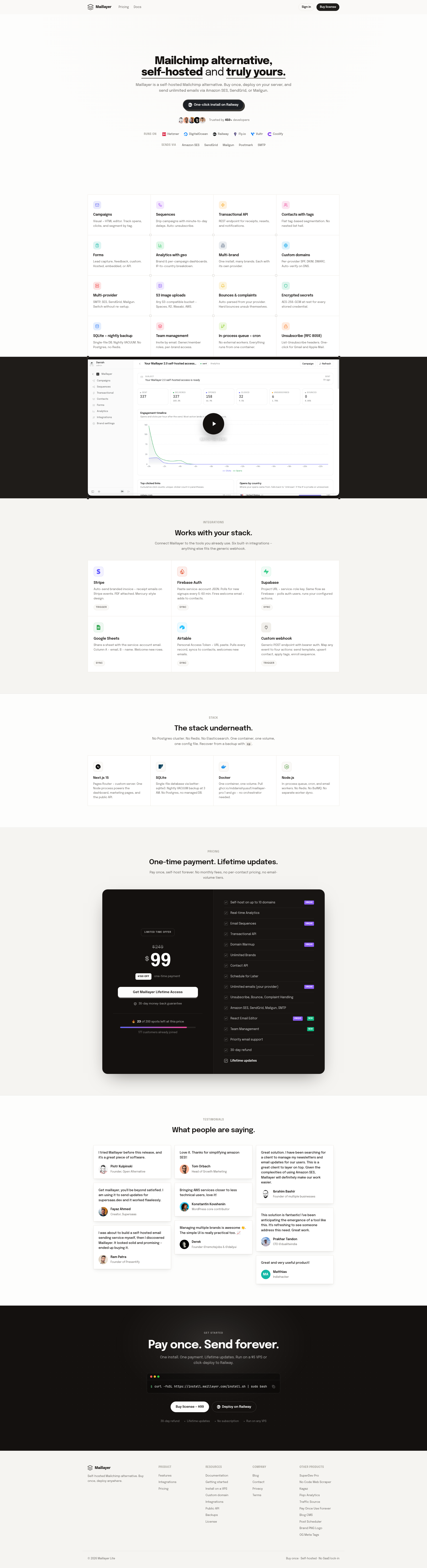 Landing page screenshot for maillayer.com, 1920 by 7045 pixels