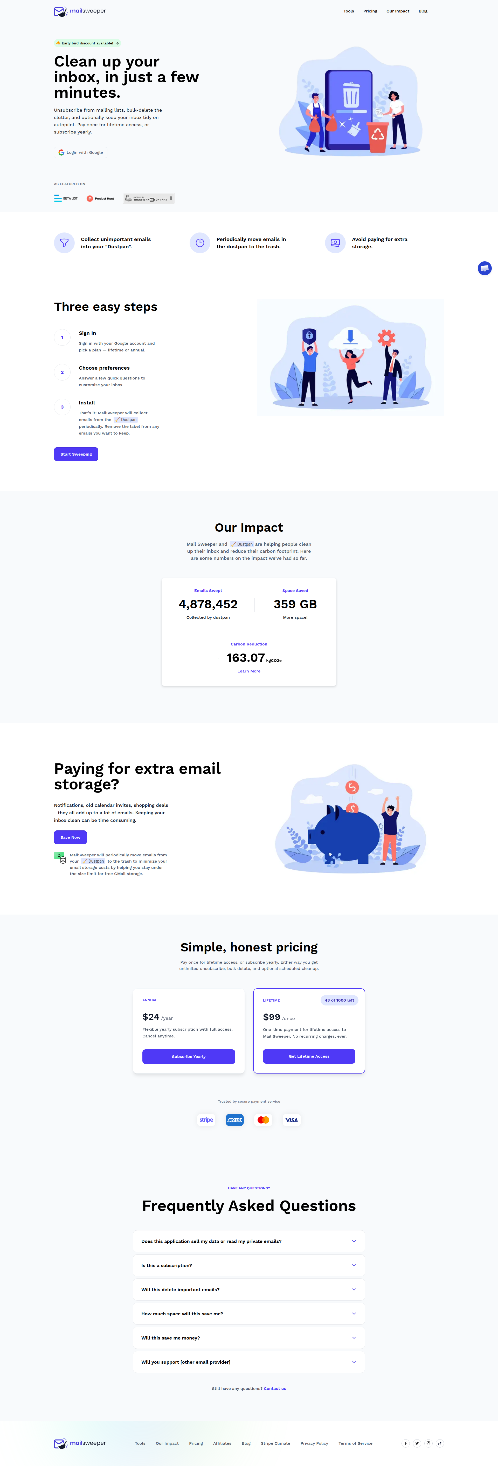 Landing page screenshot for mailsweeper.co, 1920 by 5644 pixels