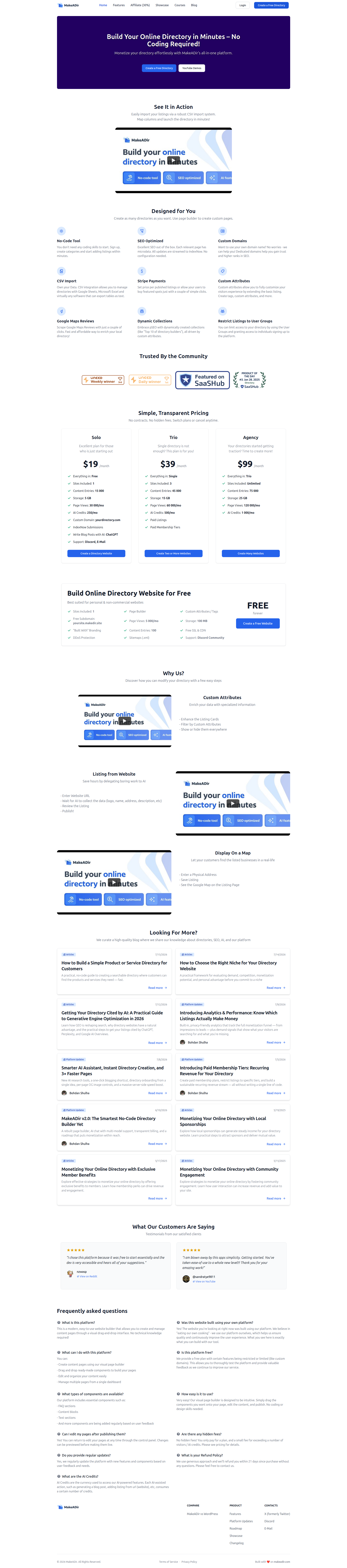 Landing page screenshot for makeadir.com, 1905 by 8604 pixels