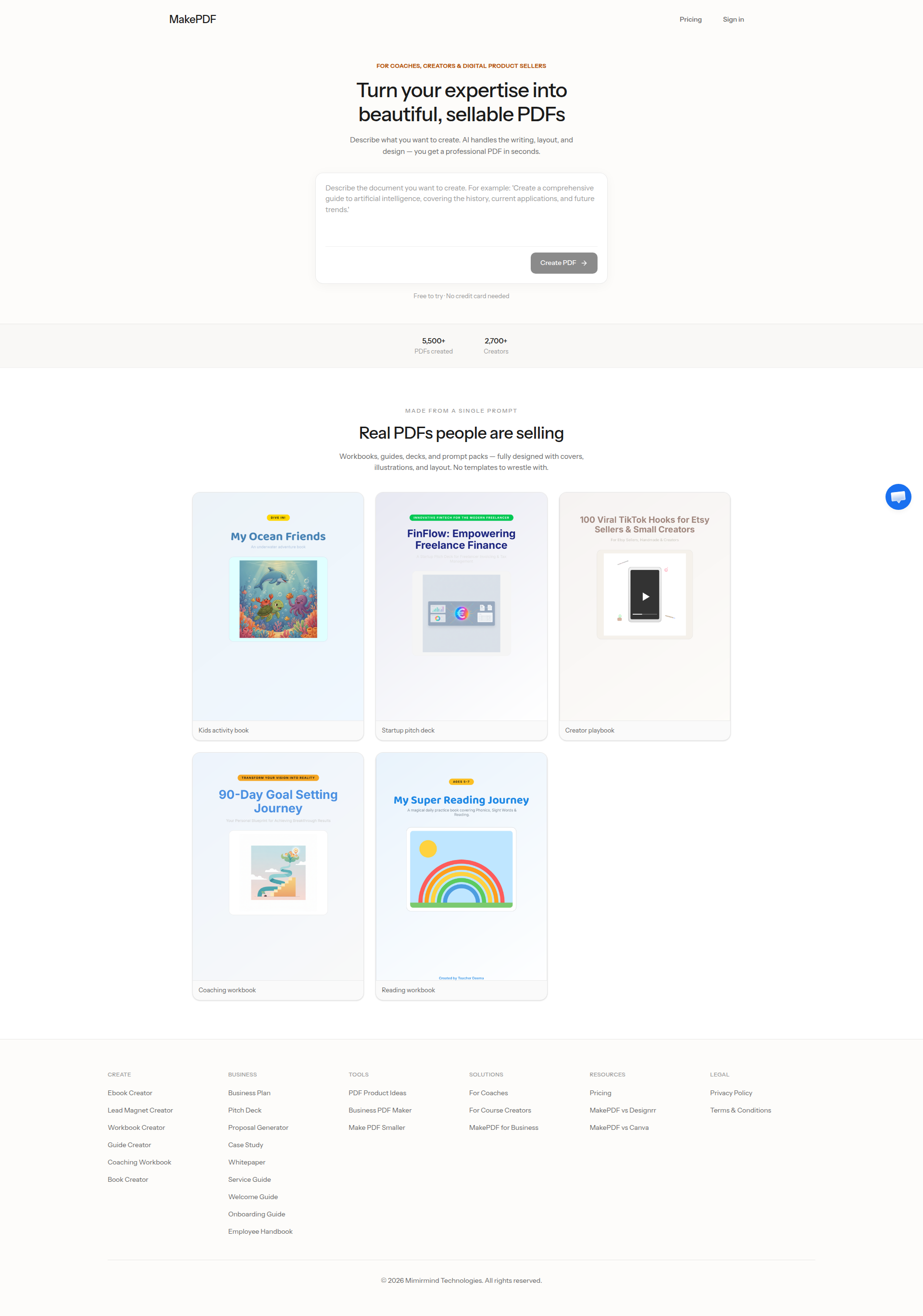 Landing page screenshot for makepdf.ai, 1920 by 2736 pixels