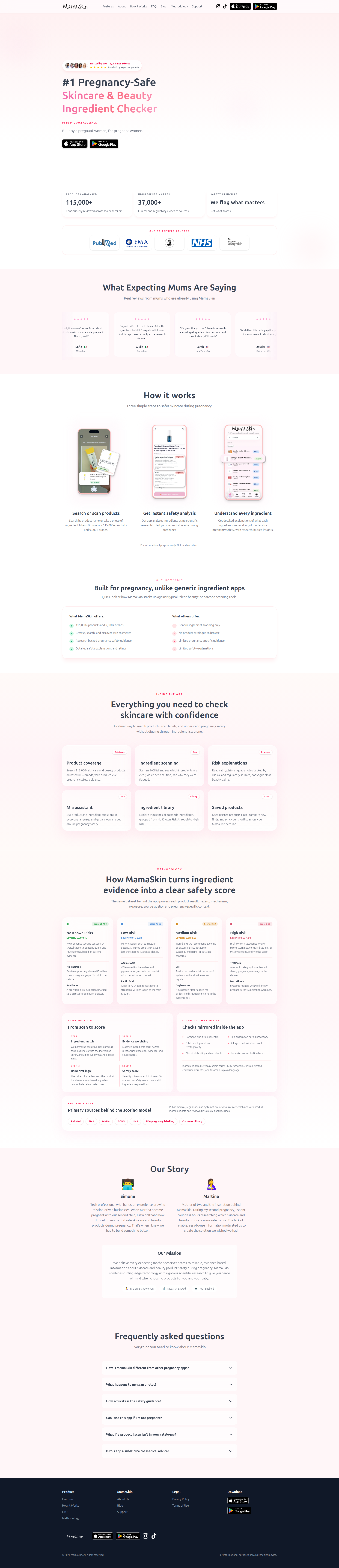 Landing page screenshot for mamaskin.app, 1920 by 8858 pixels