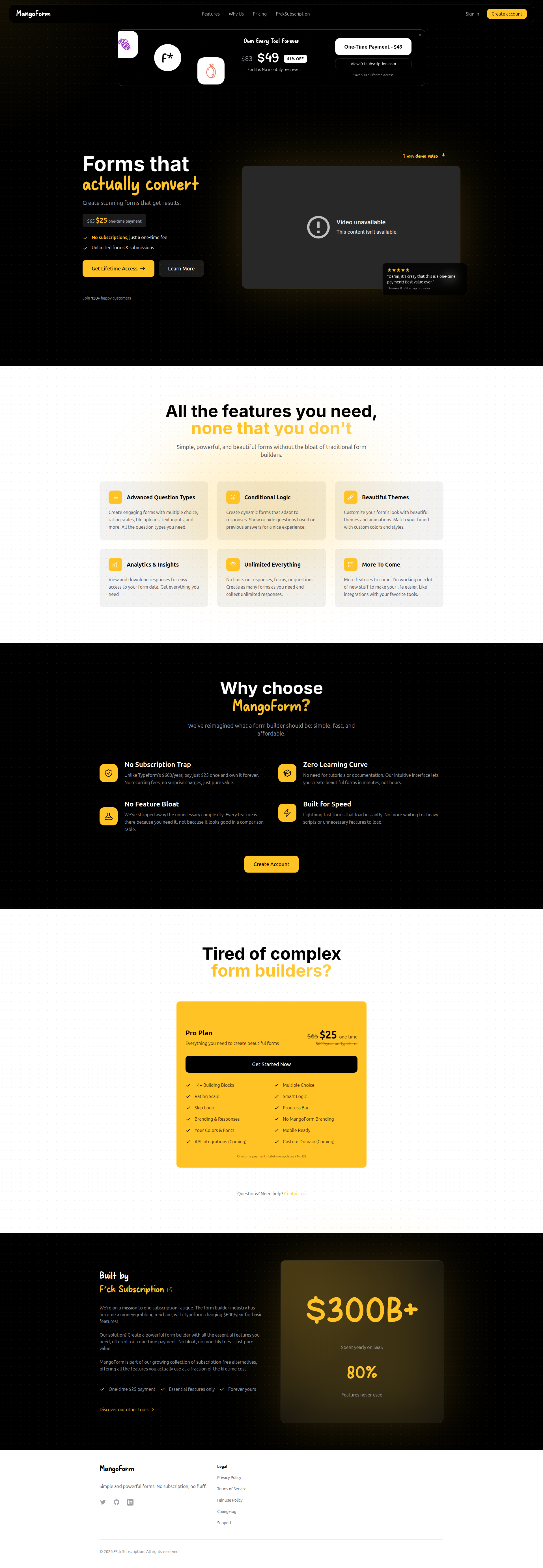 Landing page screenshot for mangoform.app, 1920 by 5549 pixels
