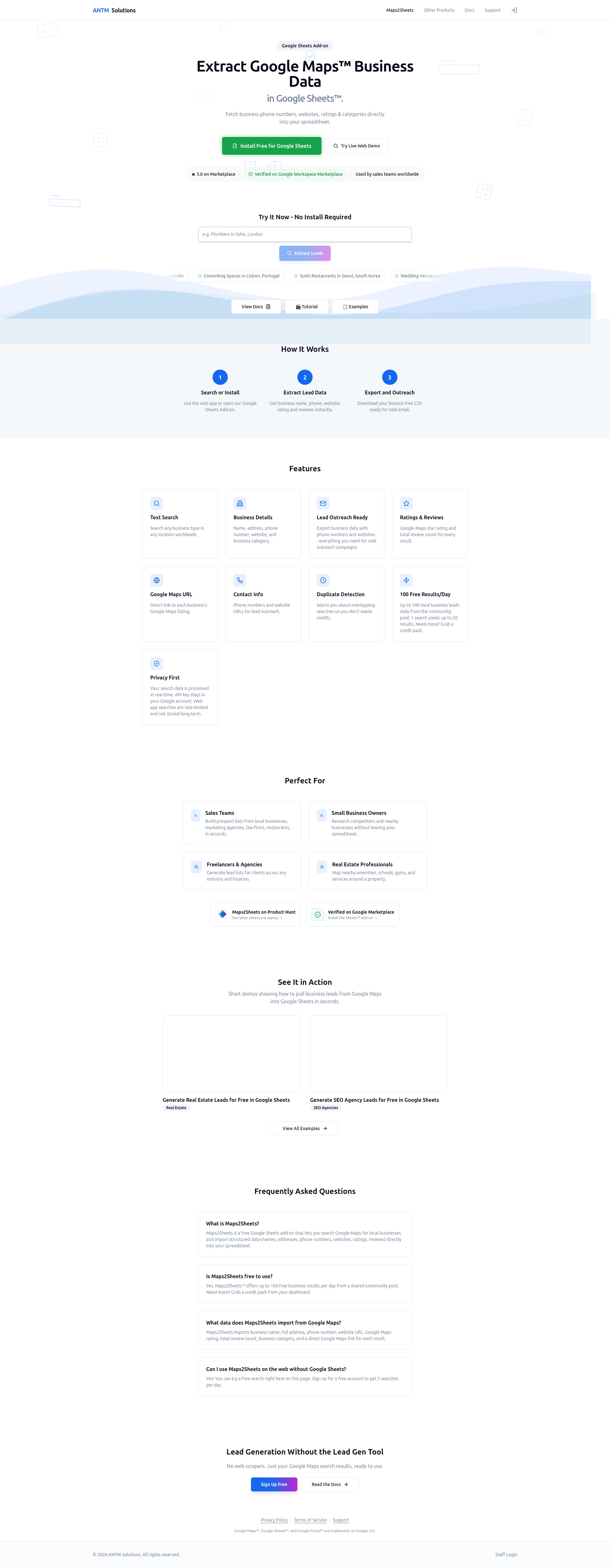 Landing page screenshot for maps2sheets.com, 1920 by 4934 pixels
